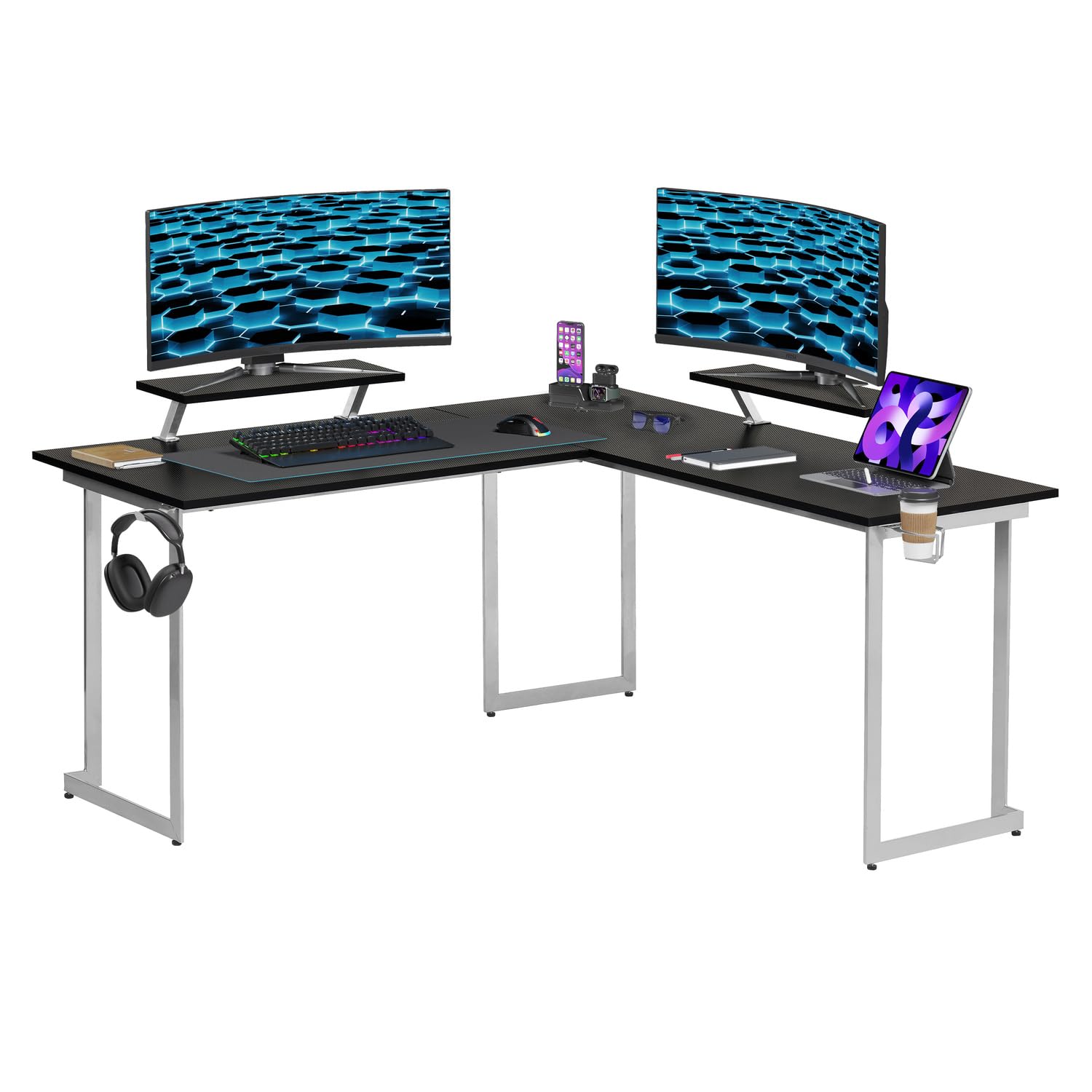 Warrior L-Shaped Gaming Desk - Black MDF Top & Steel Frame for Home Office