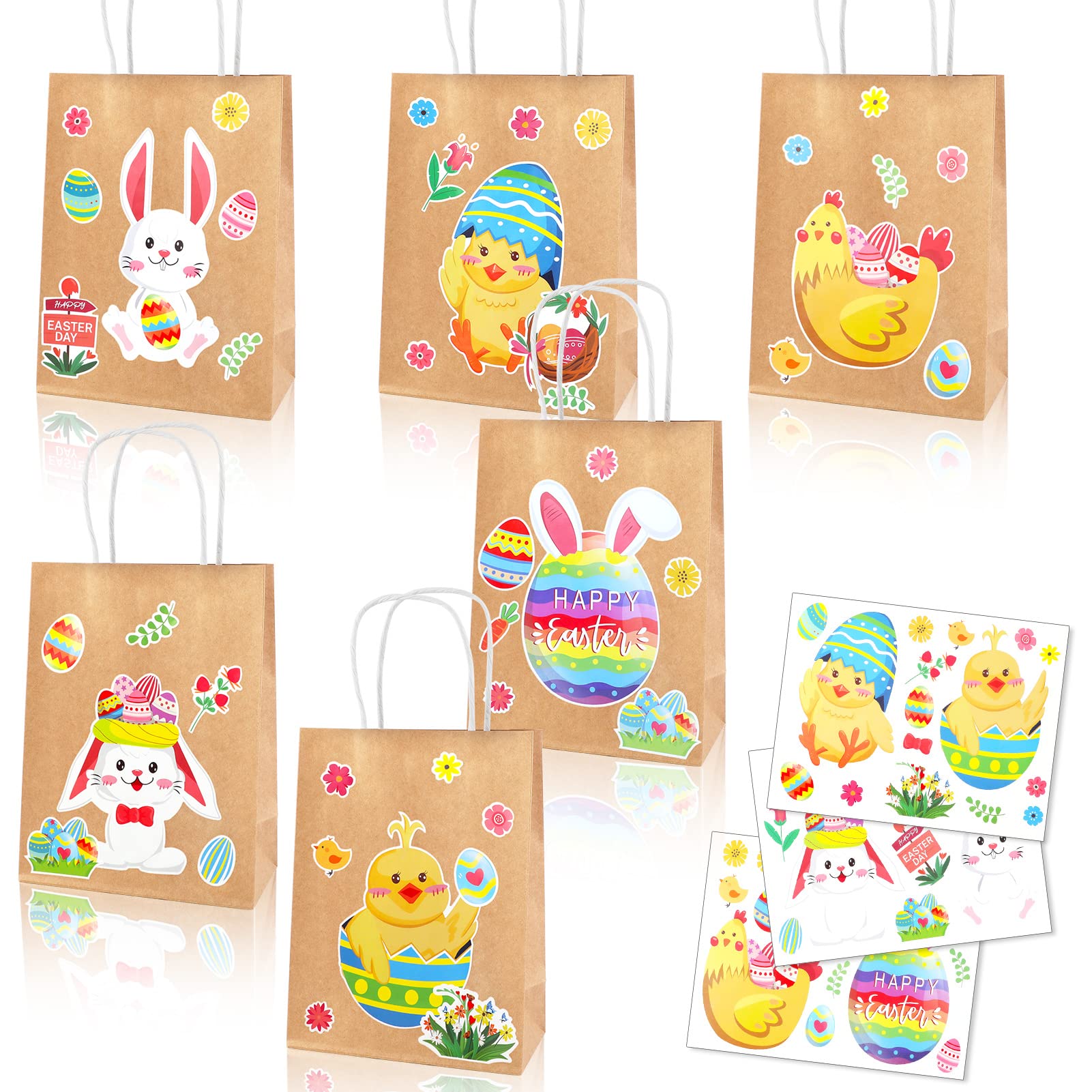12-Piece Easter Gift Bags with Handles - Kraft Paper Treat Bags with Bunny & Chick Stickers for DIY Party Favors | Easter Candy Bags for Kids, Classroom Treats & Easter Egg Hunt Party Supplies