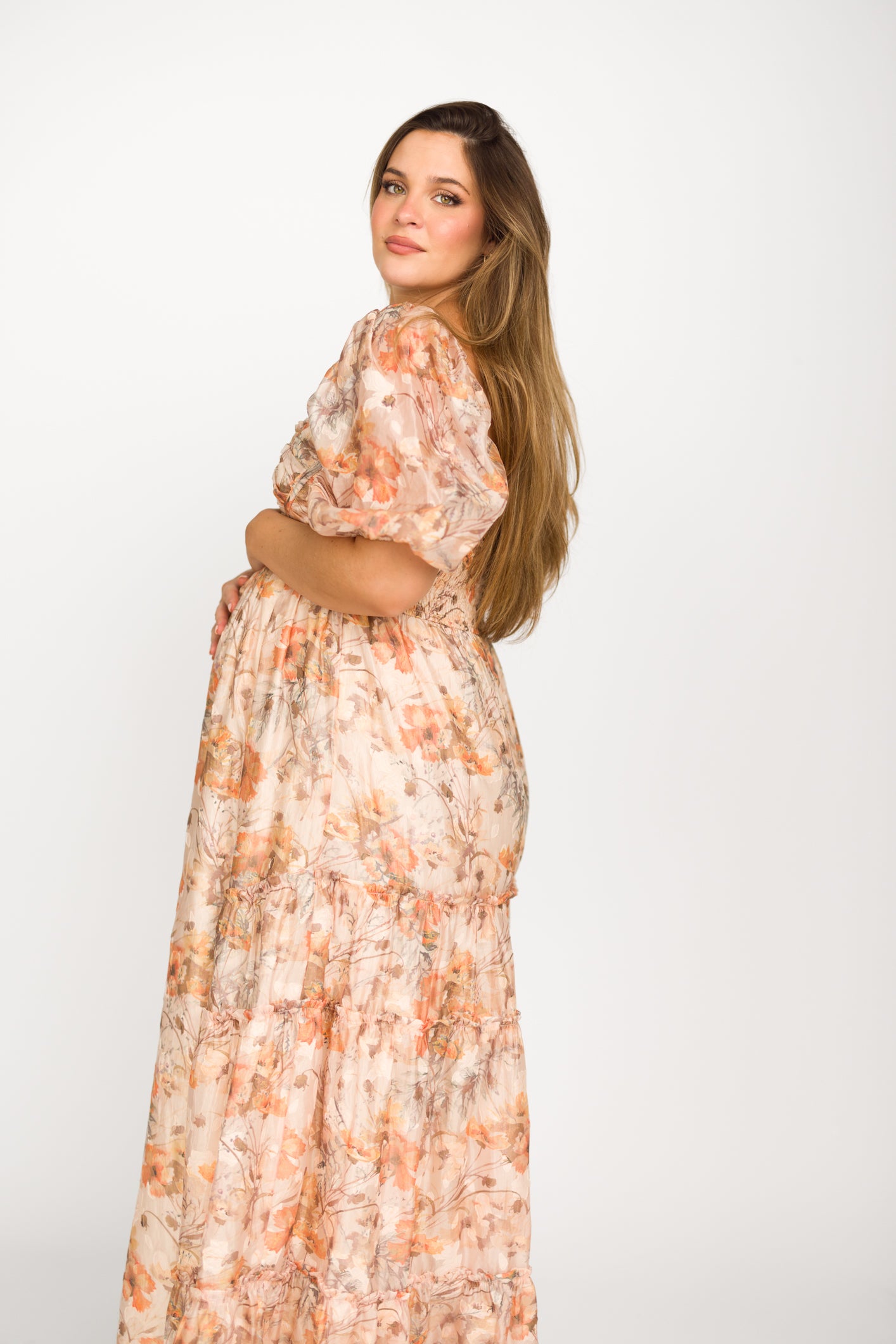 Bump Friendly Daphne Maxi Dress in Beige Multi - Inclusive Sizing S to 3XL for Maternity, Plus Size & Casual Wear