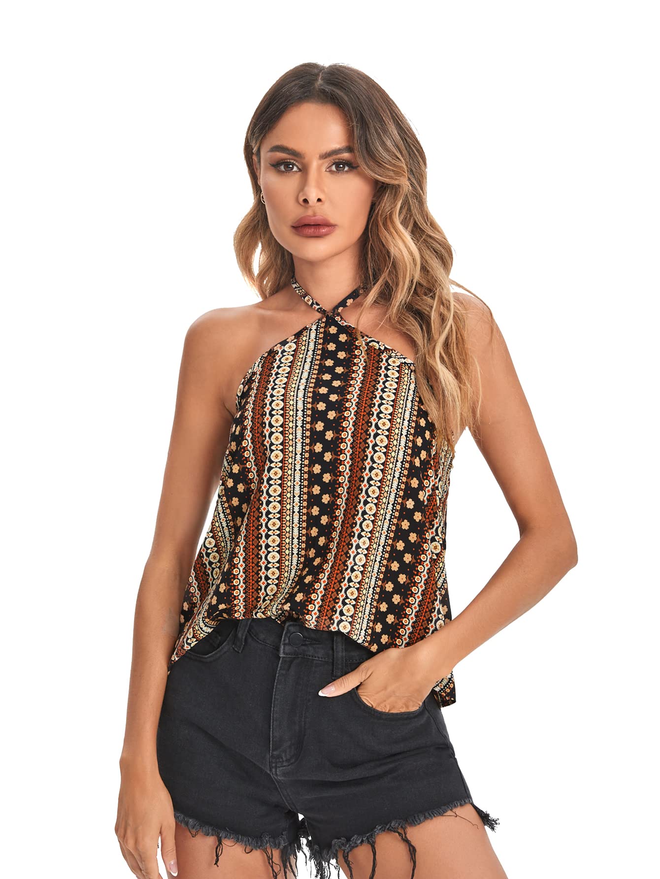 SweatyRocks Women's Bohemian Floral Print Halter Neck Cami Top - Backless Tie Front Casual Tank Tops for Summer, Beach, Music Festivals & Boho Outfits