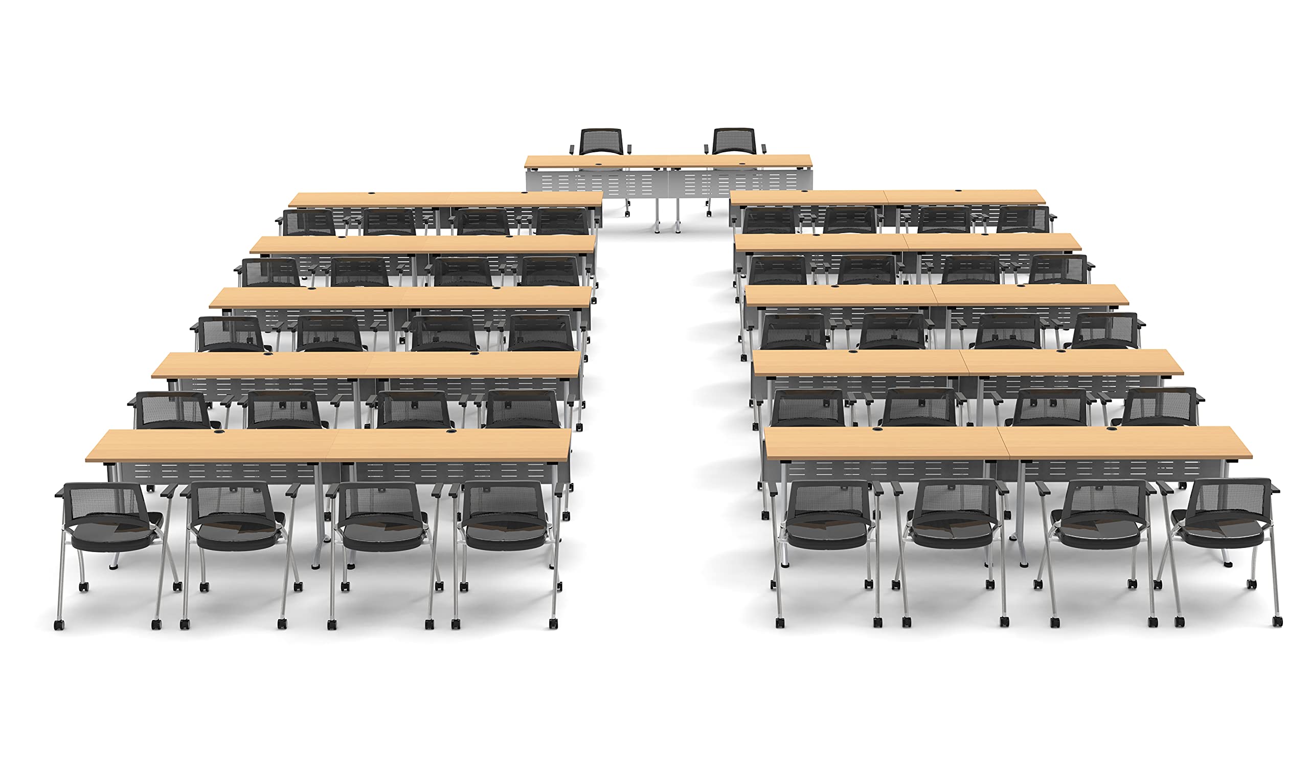 42-Person Conference Table Set - 86-Piece Folding Beechwood Training Table with Task Chairs & Modesty Panels | Connectable Tables for Classrooms, Seminars & Meetings | Space-Saving Foldable & Nestable Design for Easy Storage | Perfect for Corporate Training, School Classrooms & Event Spaces