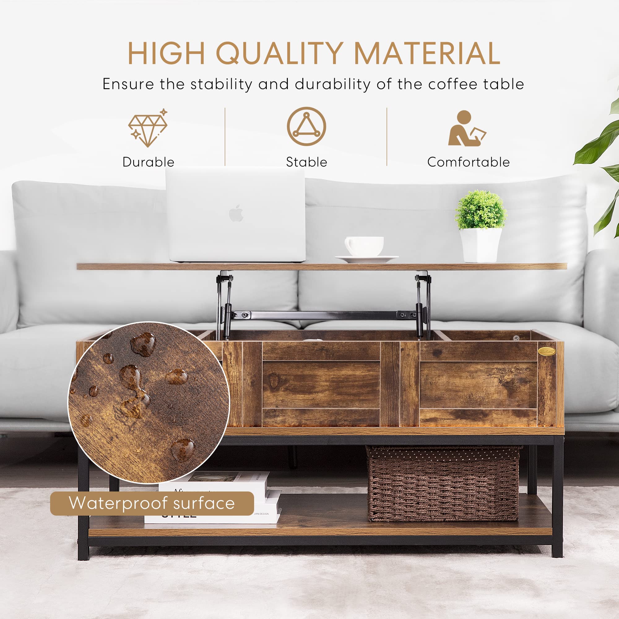 VIVOHOME Lift Top Coffee Table with Steel Frame, Convertible Dining Table with Open Storage & Hidden Compartment - Rustic Brown - Perfect for Living Room, Office, Small Apartment & Studio Spaces