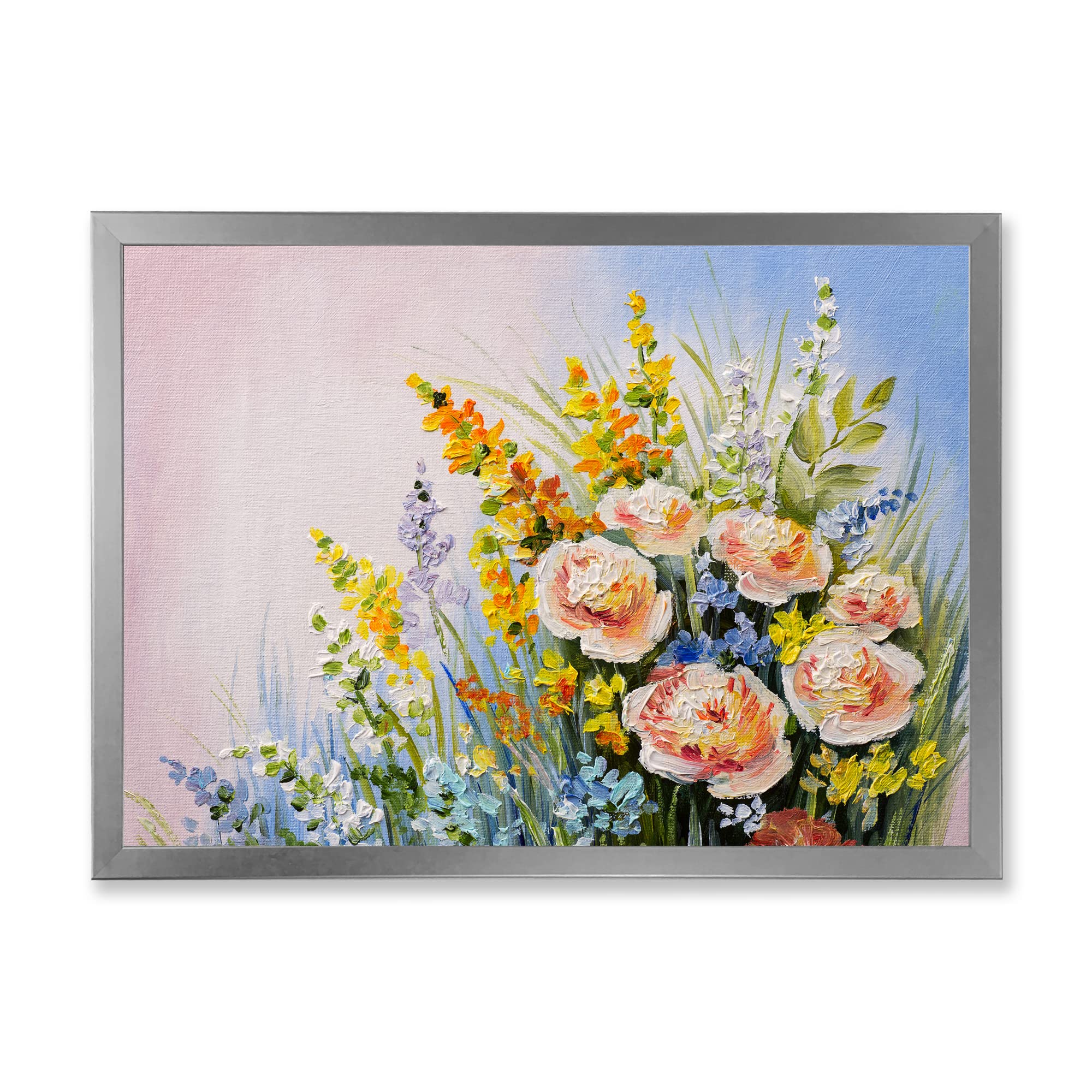 DesignQ Pink & Yellow Summer Wildflowers Framed Wall Art - Vintage Floral Home Decor for Living Room, Bedroom & Office