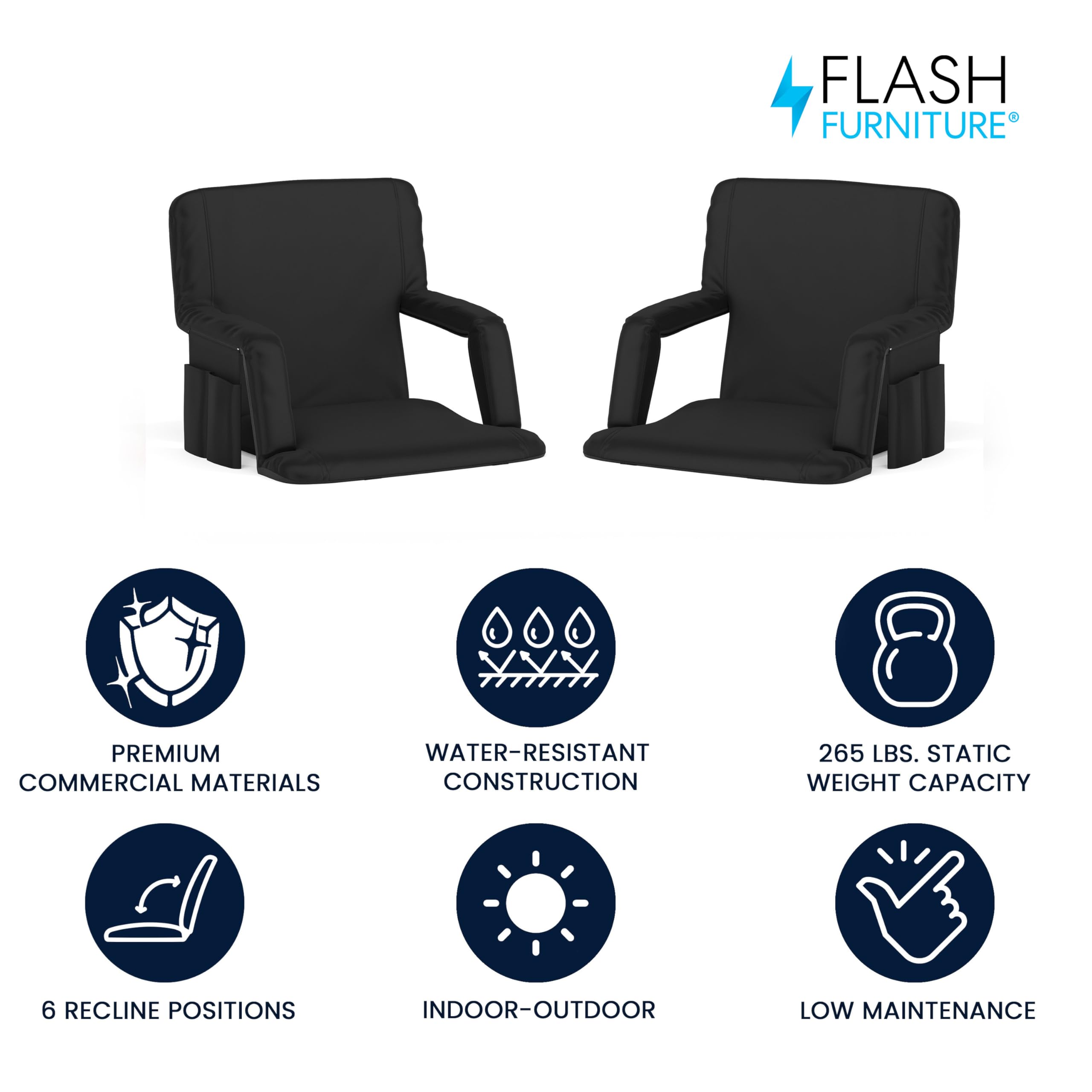 **Flash Furniture Malta Portable Stadium Seats – 2-Pack Padded Bleacher Chairs with Backpack Straps & Storage, 265 lb Capacity, Black – Perfect for Sports Games, Concerts, and Outdoor Events**