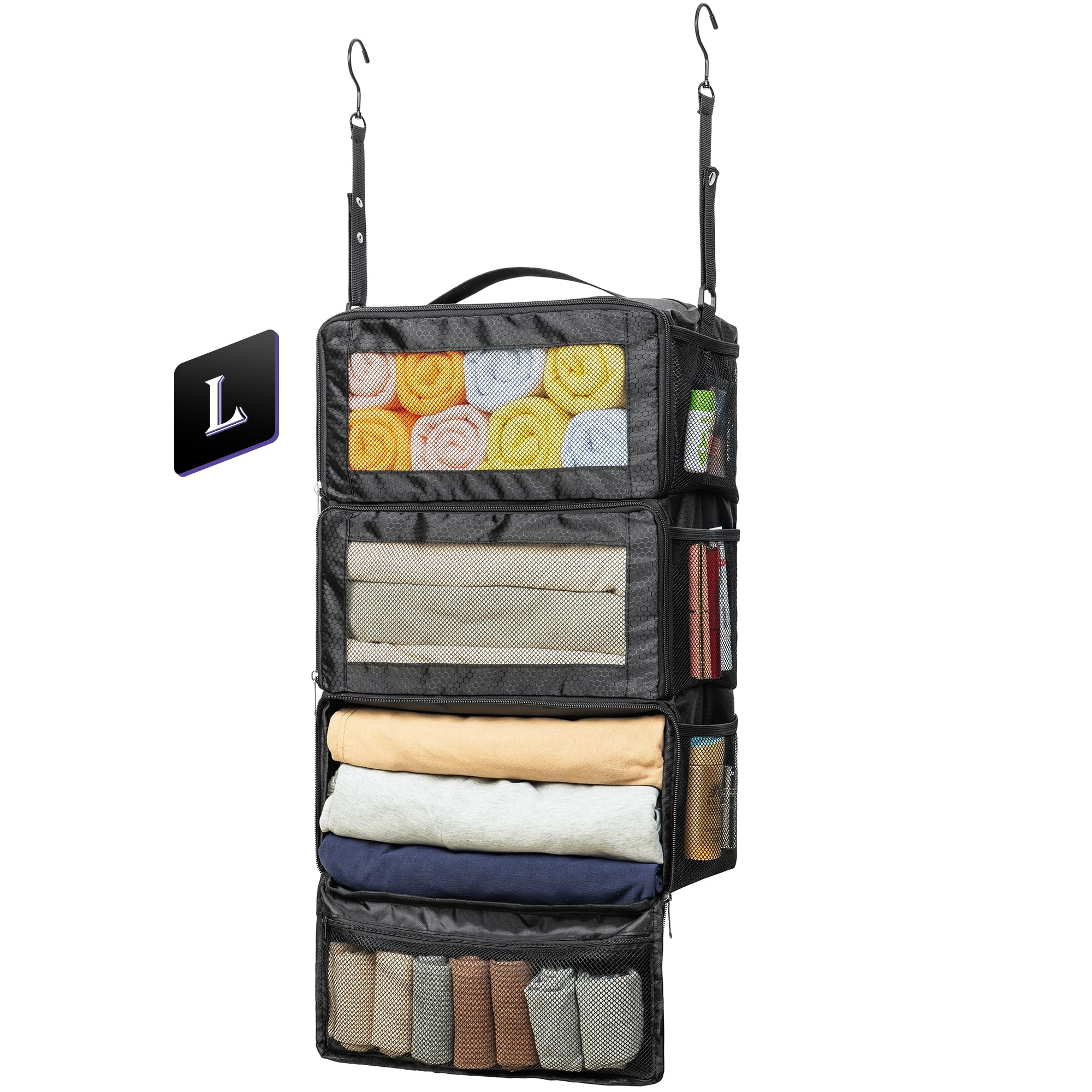 Premium Hanging Travel Organizer for Luggage - Portable Suitcase Packing Cubes with Shelves | Cruise Ship Essentials Storage | Large Black Carry-On Organizer for Clothes, Toiletries & Travel Accessories | Perfect for Business Trips, Vacations & Weekend Getaways