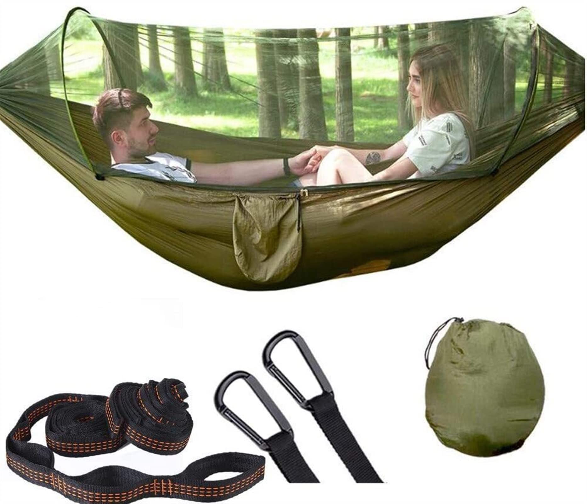 Ultralight Camping Hammock with Mosquito Net - Portable Pop-Up Parachute Hammock for Outdoor Sleeping, Backpacking & Patio Relaxation - Army Green Upgrade (Perfect for Camping, Hiking & Backyard Lounging)