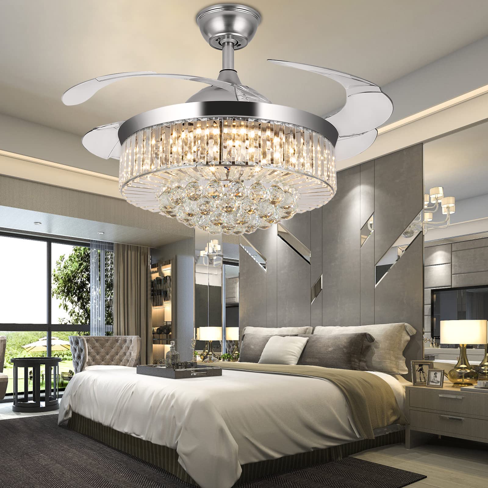 Panghuhu 42-Inch Modern Crystal Ceiling Fan with Light - Remote Control, 4 Retractable ABS Blades, Invisible Design for Bedroom, Living Room & Dining Room - Silver | Energy Efficient Cooling & Elegant Home Decor