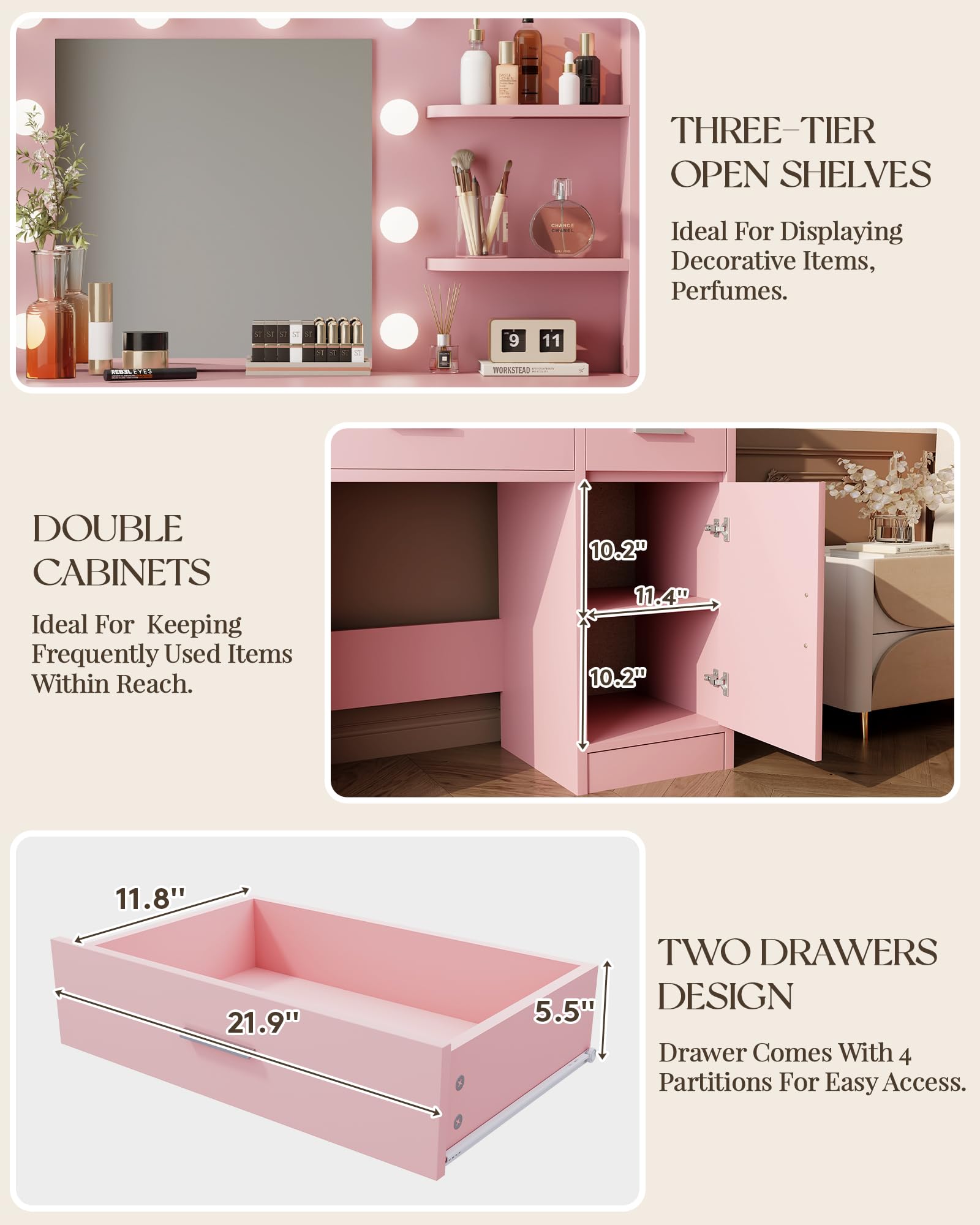 Pink Vanity Table with Lights and Mirror - 3 Adjustable Lighting Modes for Makeup & Skincare | Perfect for Bedroom, Dressing Room & Beauty Studio