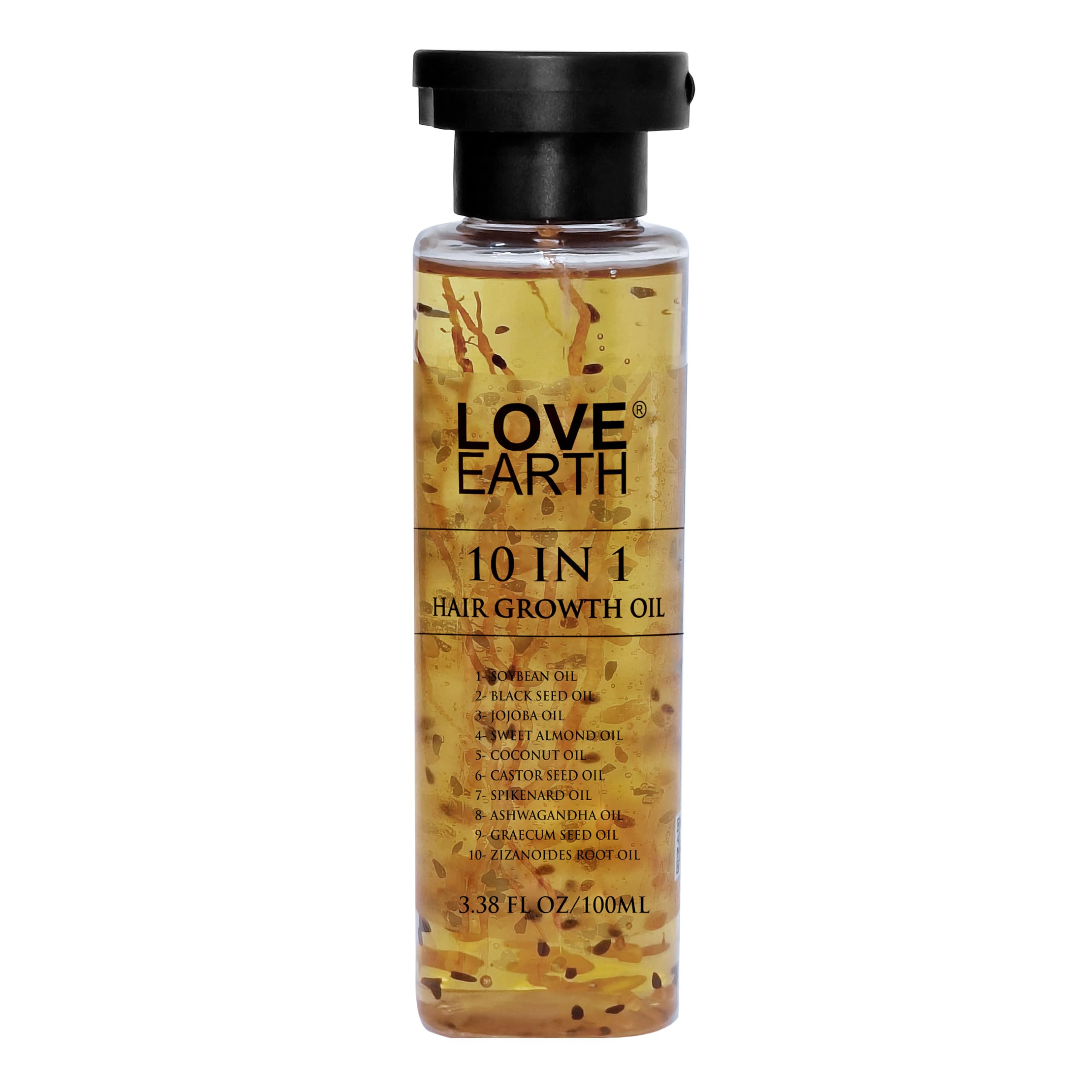 Love Earth 10-in-1 Hair Growth Oil with Soybean, Black Seed, Jojoba, Sweet Almond, Coconut, Castor Seed, Spikenard, Ashwagandha, Graecum Seed & Zizanoides Root Oils - 100ml | Promotes Thicker, Longer Hair Growth for Men & Women | Perfect for Daily Scalp Massage & Nighttime Hair Care Routine