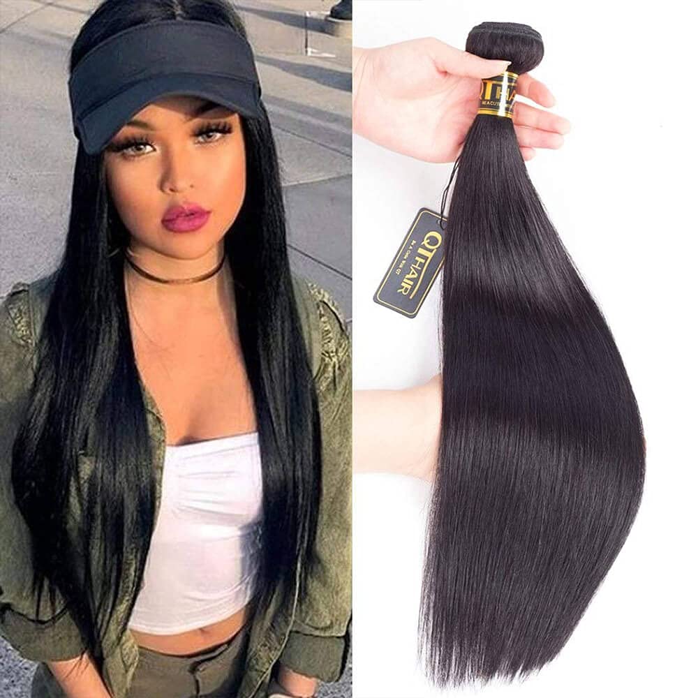 QTHAIR 12A Virgin Brazilian Straight Human Hair Extensions 18 Inch 100g Natural Black - 100% Unprocessed Human Hair Bundles for Sew In, Clip In, Ponytail & Styling