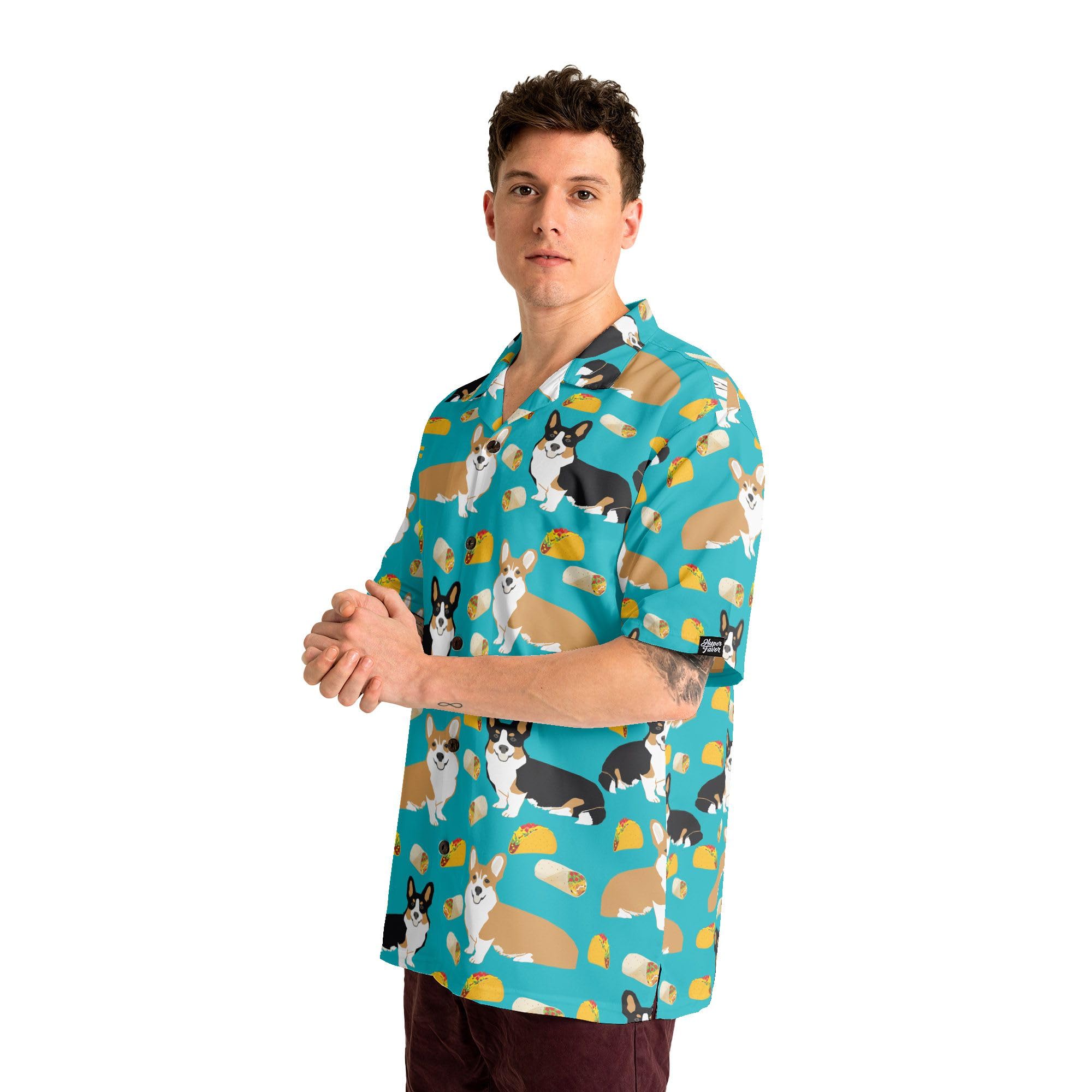 HYPERFAVOR Men's Corgi Hawaiian Shirts - Cute Button Down Dog Lover Gift for Corgi Owners - Perfect for Beach Parties, Summer Vacations & Casual Outings