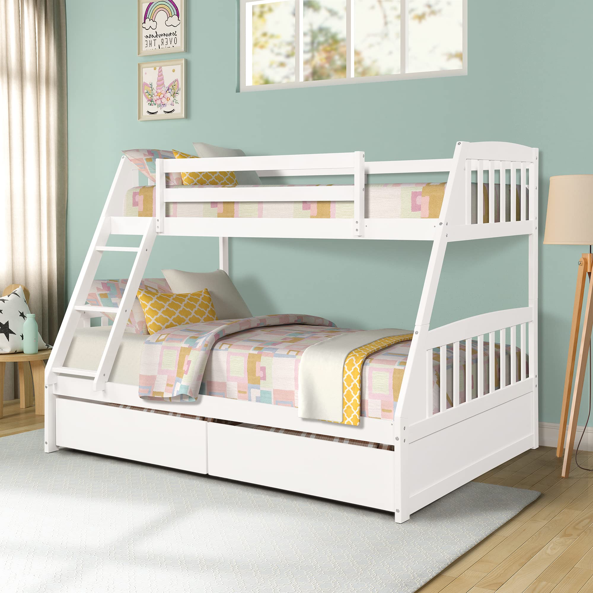 DeepRoar Twin Over Full Bunk Bed with Storage Drawers - Solid Wood Convertible Bunk Bed Frame for Kids, Teens & Adults - No Box Spring Needed - White - Perfect for Small Bedrooms, Guest Rooms & Shared Kids' Rooms
