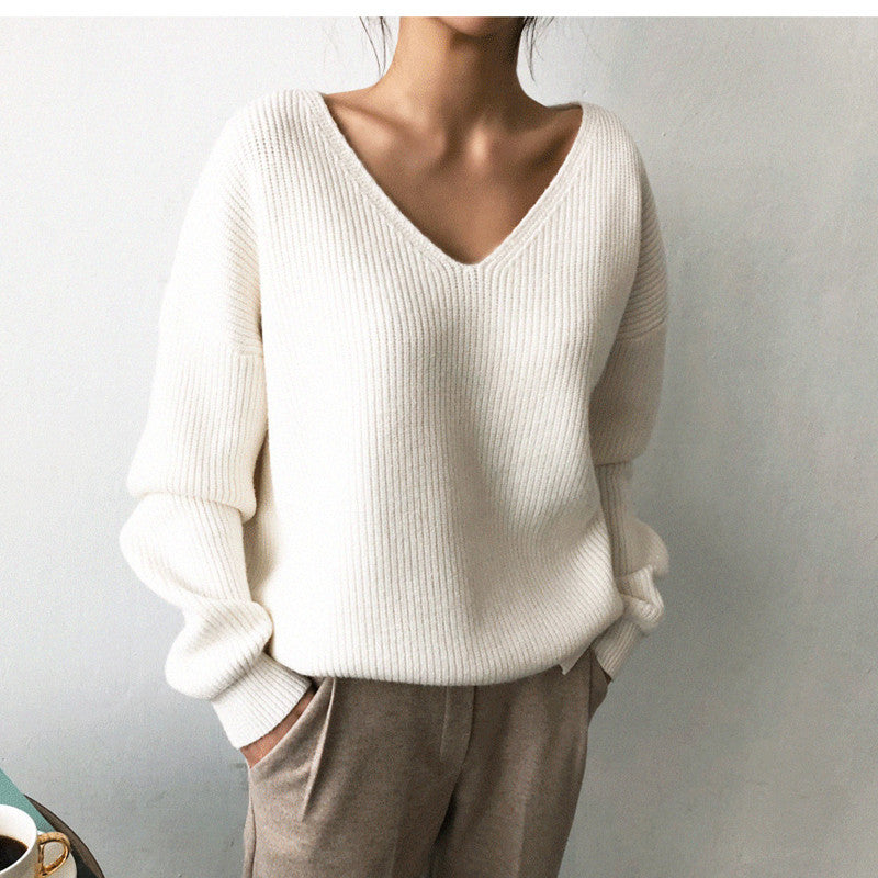 Korean Style V-Neck Loose Pullover Sweater for Women - Autumn Winter Warm Oversized Knit Jumper - Perfect for Casual Outfits, Office Wear & Cozy Loungewear