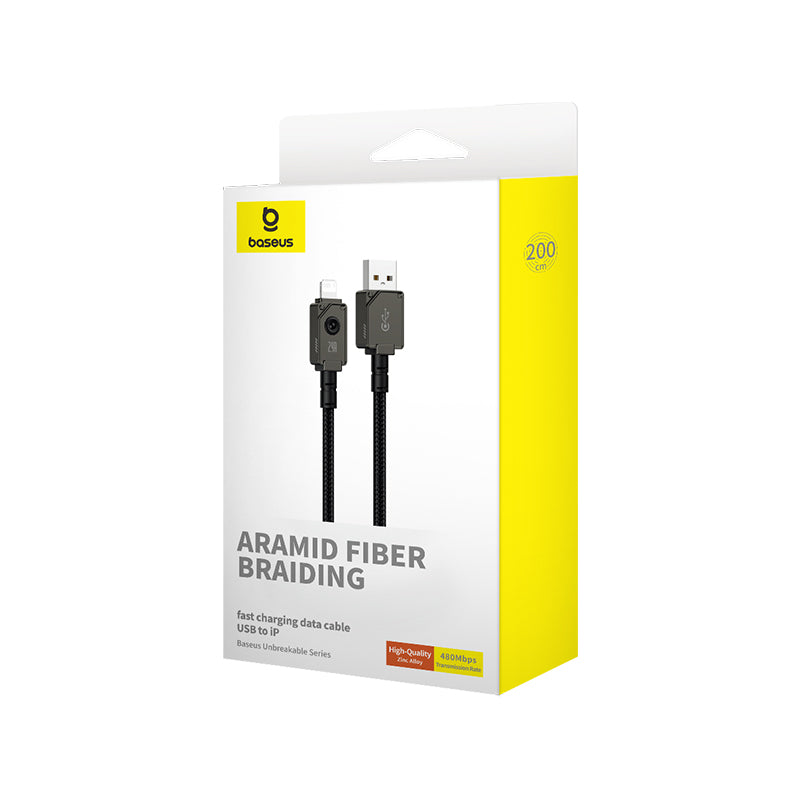 Baseus Unbreakable 2m Fast Charging USB to Lightning Cable 2.4A - Black | Durable Charger for iPhone, iPad - Perfect for Home, Office & Travel