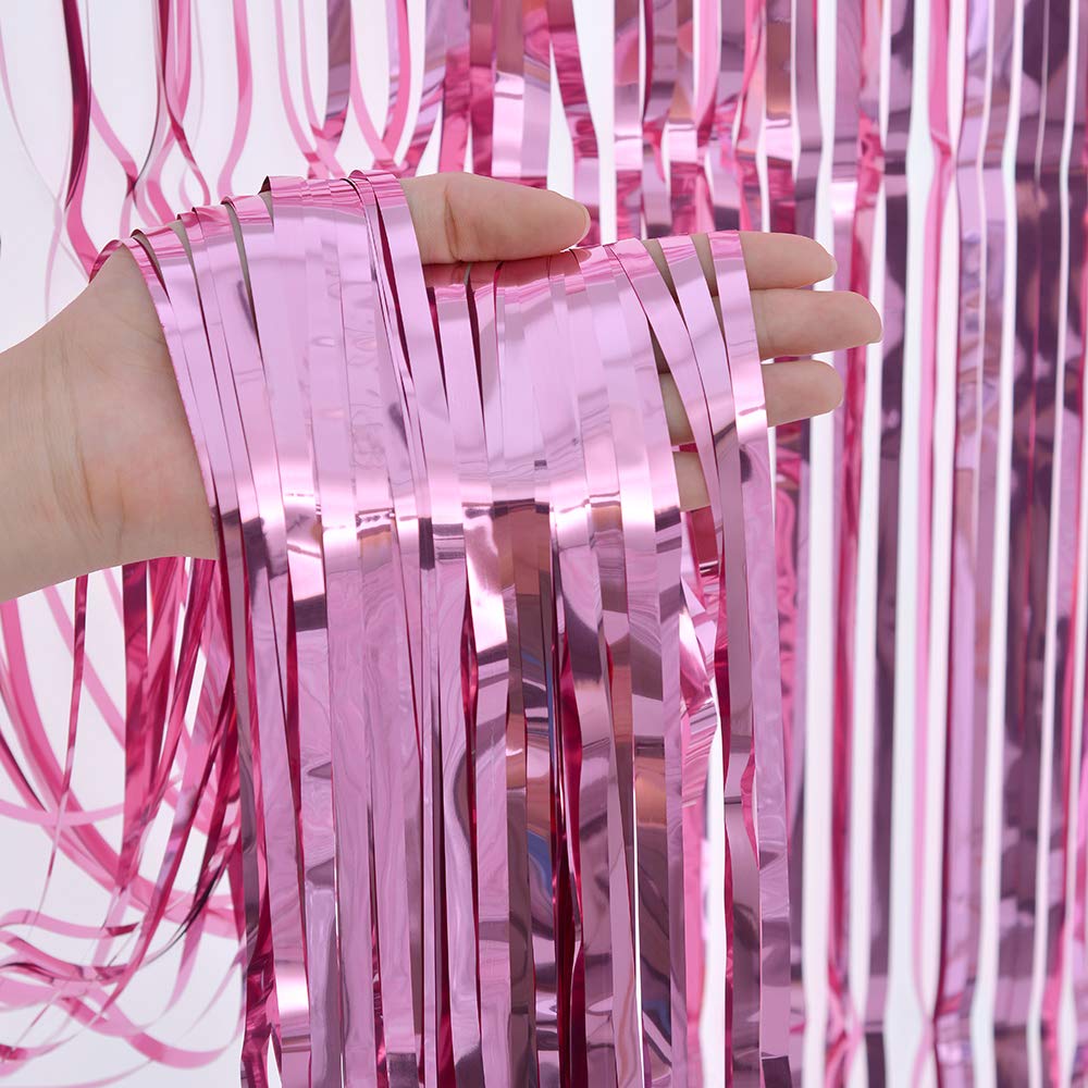 Stafih 8ft x 3ft Metallic Tinsel Foil Fringe Curtains - 2 Pack Pink Photo Booth Backdrop for Wedding, Birthday, Bachelorette & Christmas Party Decorations | Perfect for Baby Showers, New Year Celebrations and Home Decor