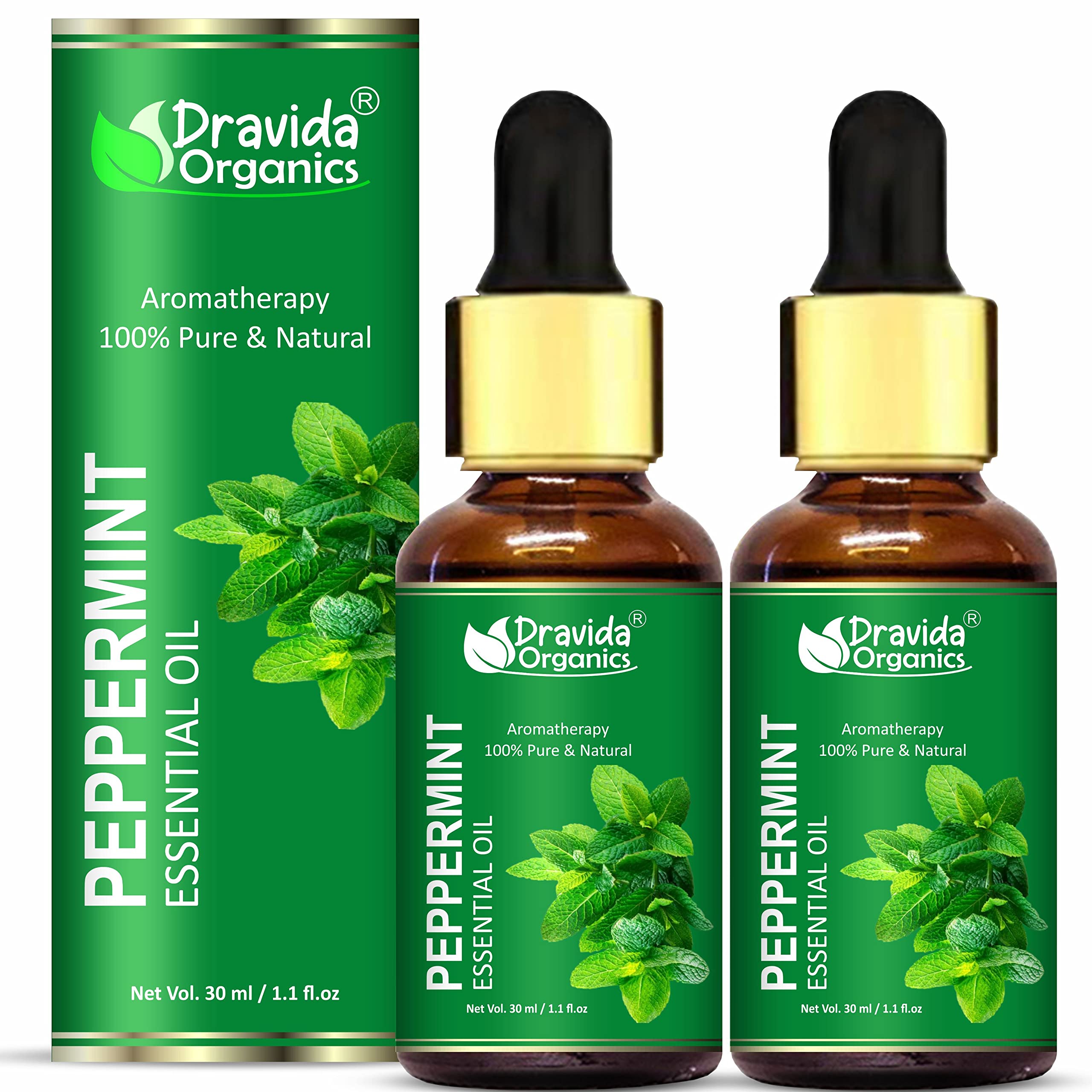 Dravida Organics 100% Pure Peppermint Essential Oil for Skin, Hair & Scalp Care | Natural Undiluted Aromatherapy Oil | Therapeutic Grade | 2-Pack 60ml | Perfect for Relaxation, Massage & DIY Beauty Products