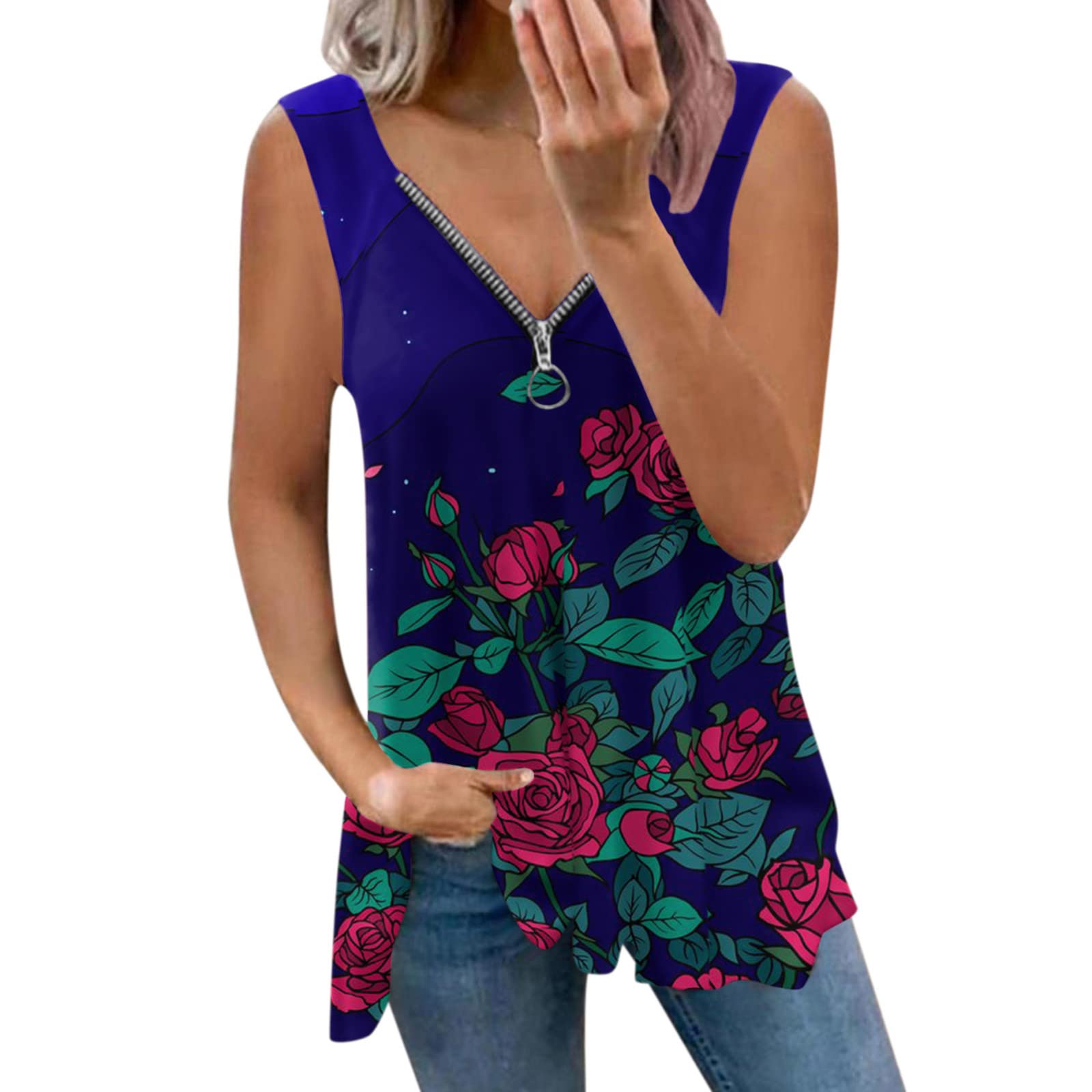 Women's Sleeveless Printed Tunic Vest Top with V-Neck & Zipper - Stylish Deer Print Blouse for Casual Wear, Office Outfits and Summer Fashion