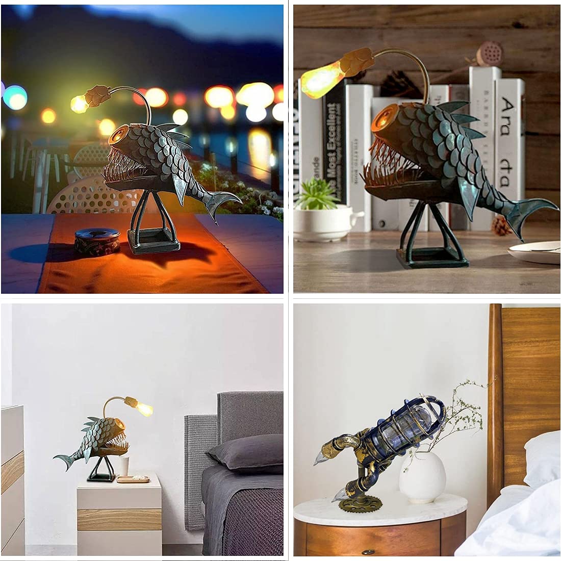 CAFELE Rustic USB Angler Fish Lamp - Steampunk Shark Table Lamp with Realistic Flickering LED Flame, Handmade Industrial Night Light for Bedroom, Office, Gaming Room & Bookshelf Decor (Small)