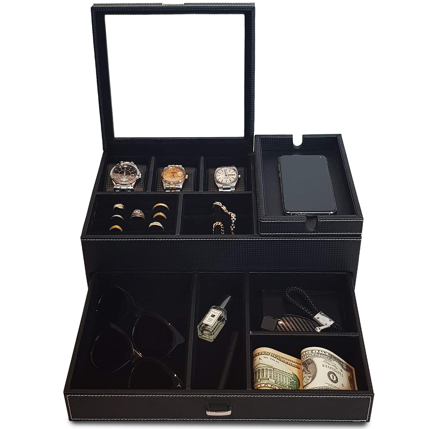 Men's Dresser Valet Organizer - PU Leather Jewelry Box with Charging Station for Watches & Accessories - Carbon Fiber Nightstand Tray for Bedroom