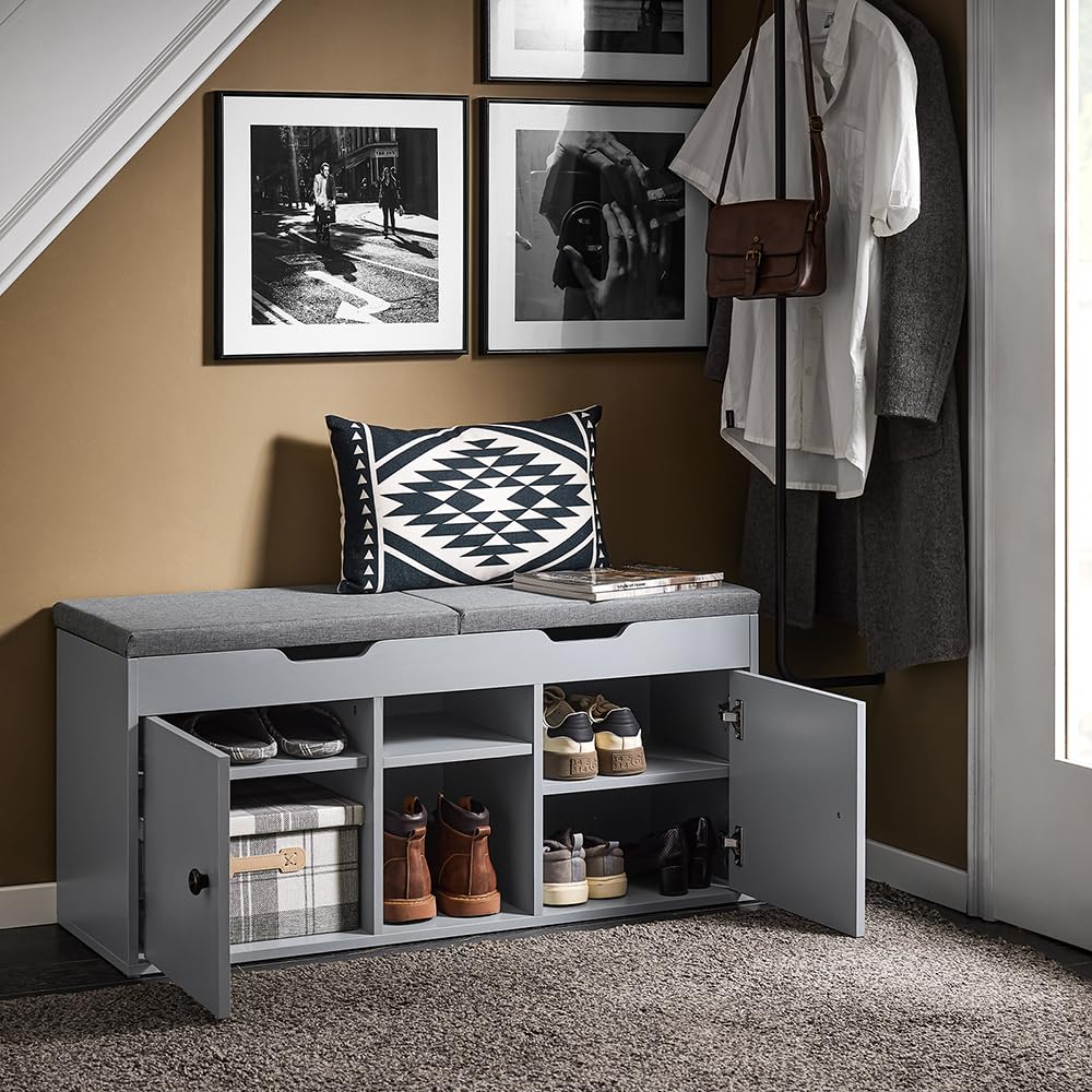 Haotian Storage Bench with Adjustable Shelf & Removable Cushion - Modern Shoe Cabinet for Bedroom, Entryway & Hallway | Grey Ottoman Bench for Organizing Shoes & Home Decor (FSR96-DG)