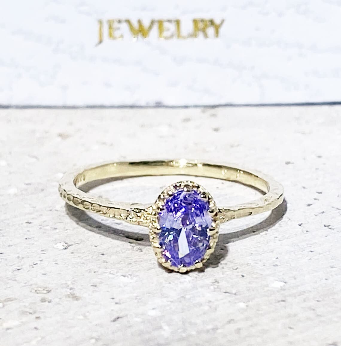 Lavender Amethyst Gemstone Ring - 14K Gold Stackable Faceted Purple Hammered Ring for Women - Elegant Minimalist Jewelry for Everyday Wear, Gift Giving & Special Occasions