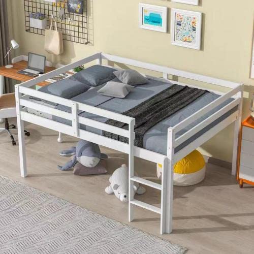 Full Size Low Loft Bed with Ladder & Guardrail - Sturdy Wooden Loft Bed with Slat Support & Storage Space - No Box Spring Needed - Classic White Bedroom Furniture for Teens, Dorms & Small Spaces