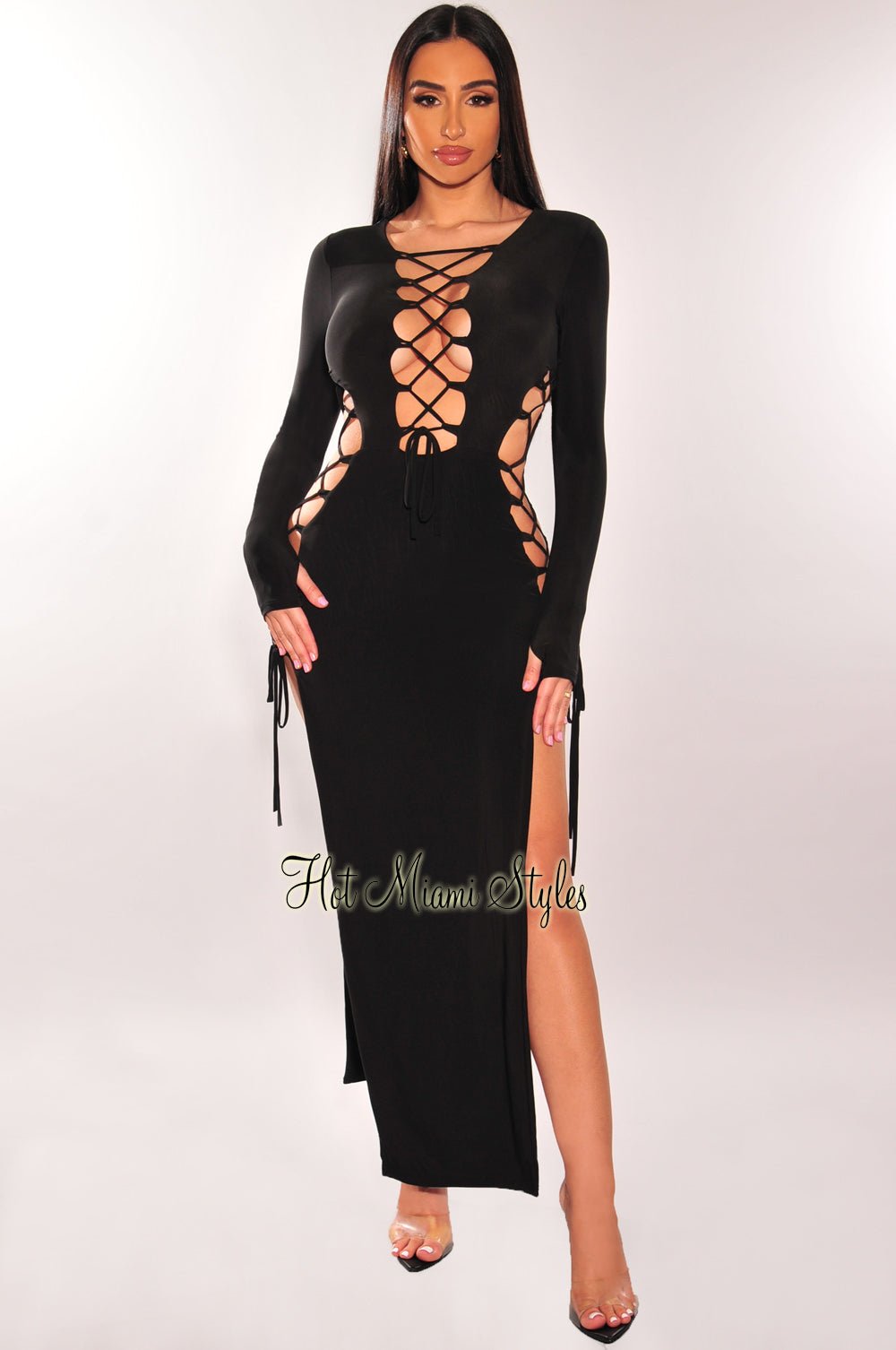 Elegant Black Lace-Up Long Sleeve Double Slit Party Dress for Women - Perfect for Evening Events, Date Nights & Special Occasions