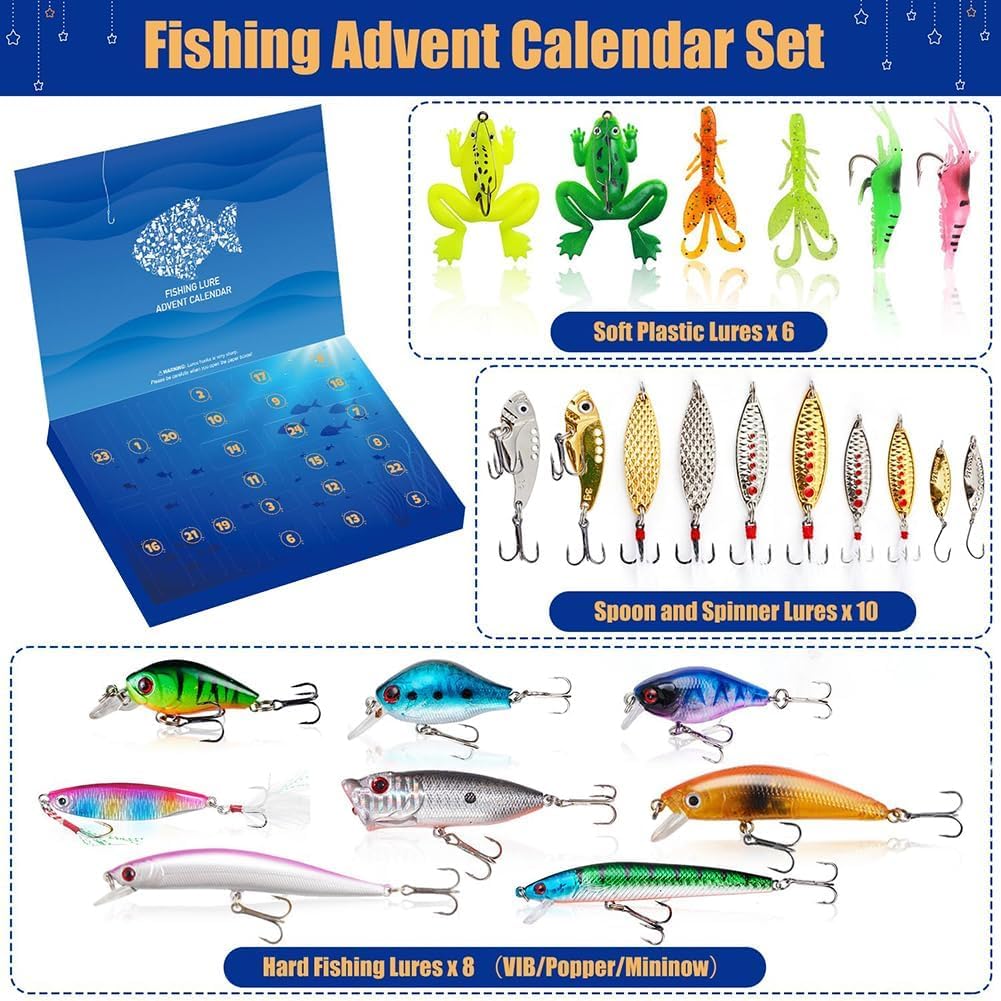 2023 Christmas Fishing Advent Calendar - 24 Days Fishing Tackle & Lures Set for Men, Adult Fishing Lovers | Countdown to Christmas Gift for Anglers | Perfect for Holiday Fishing Trips & Stocking Stuffers