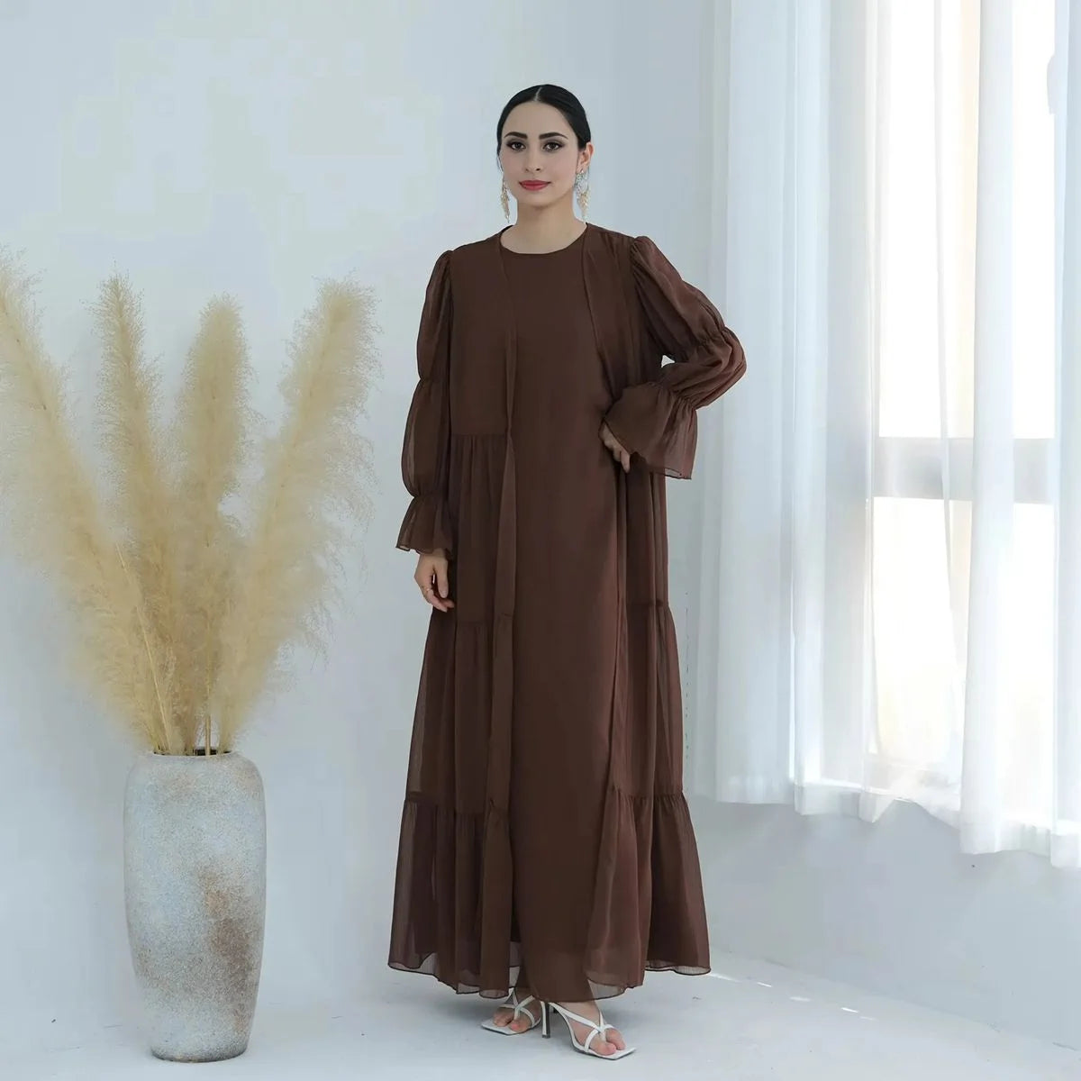 2 Piece Set Chiffon Open Abaya Dress with Inner Dress - Elegant Muslim Women's Prayer Dress for Ramadan, Eid & Special Occasions #25866