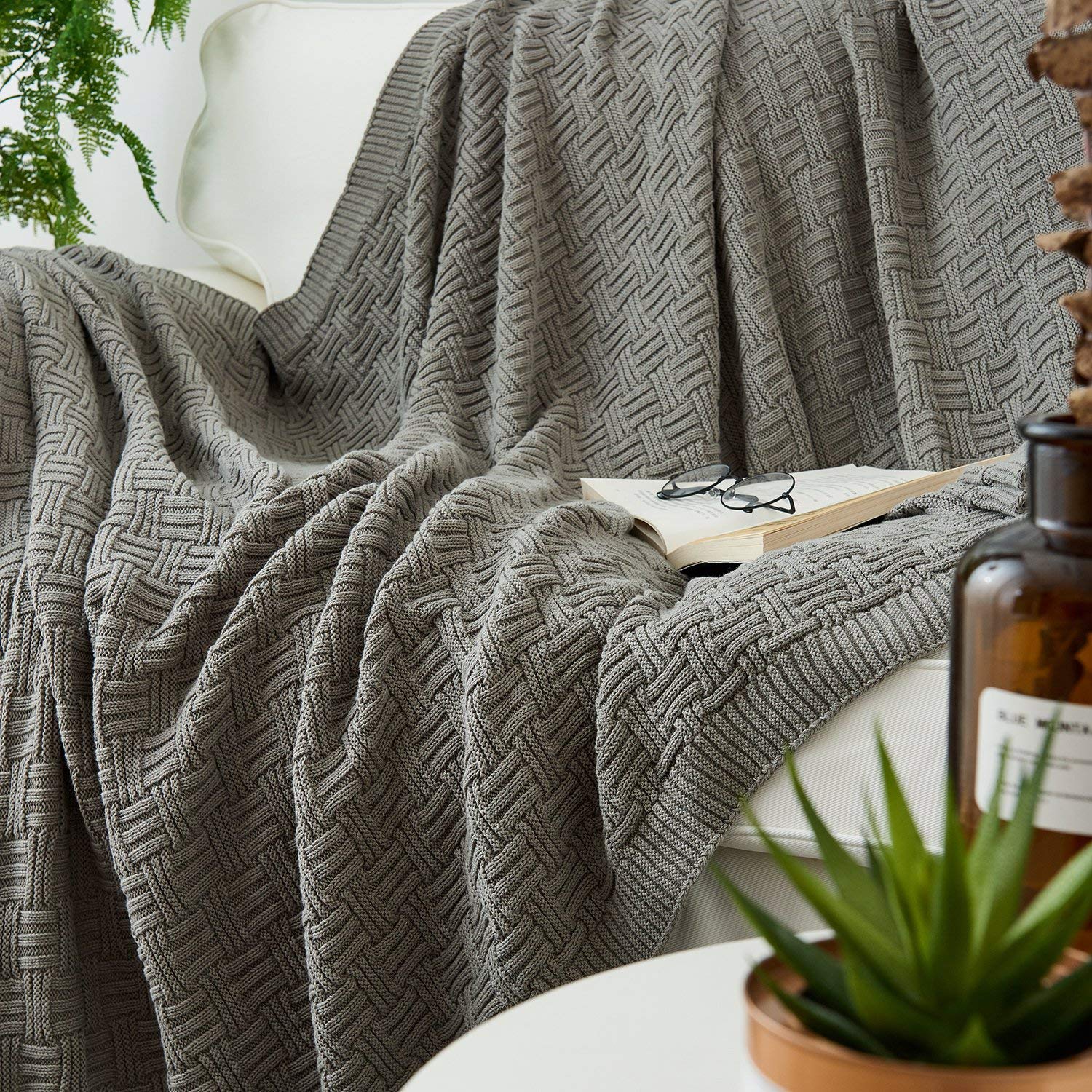 Oversized 60x80 Inch Soft Grey Knit Throw Blanket - 100% Cotton Lightweight Blanket for Bed, Couch & Sofa - Cozy Home Decor for Living Room, Bedroom & Travel