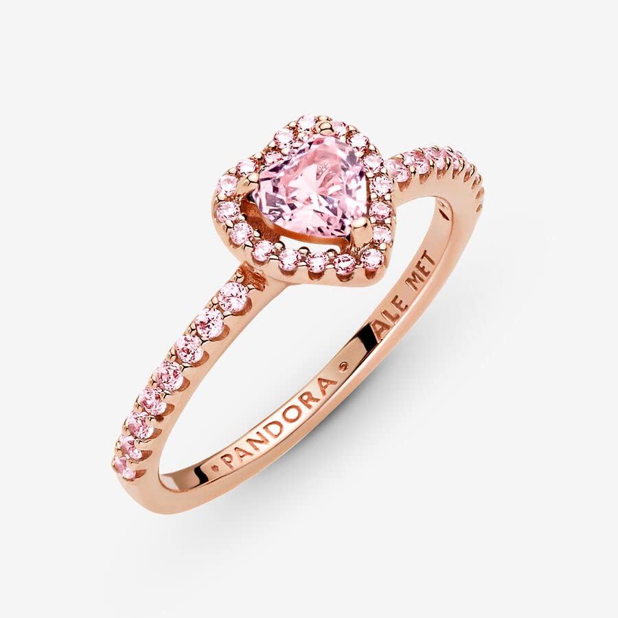 PANDORA Sparkling Elevated Heart Ring for Women - 14k Rose Gold Cubic Zirconia Stackable Ring - Elegant Layering Jewelry Gift for Her with Gift Box - Perfect for Valentine's Day, Anniversary & Special Occasions