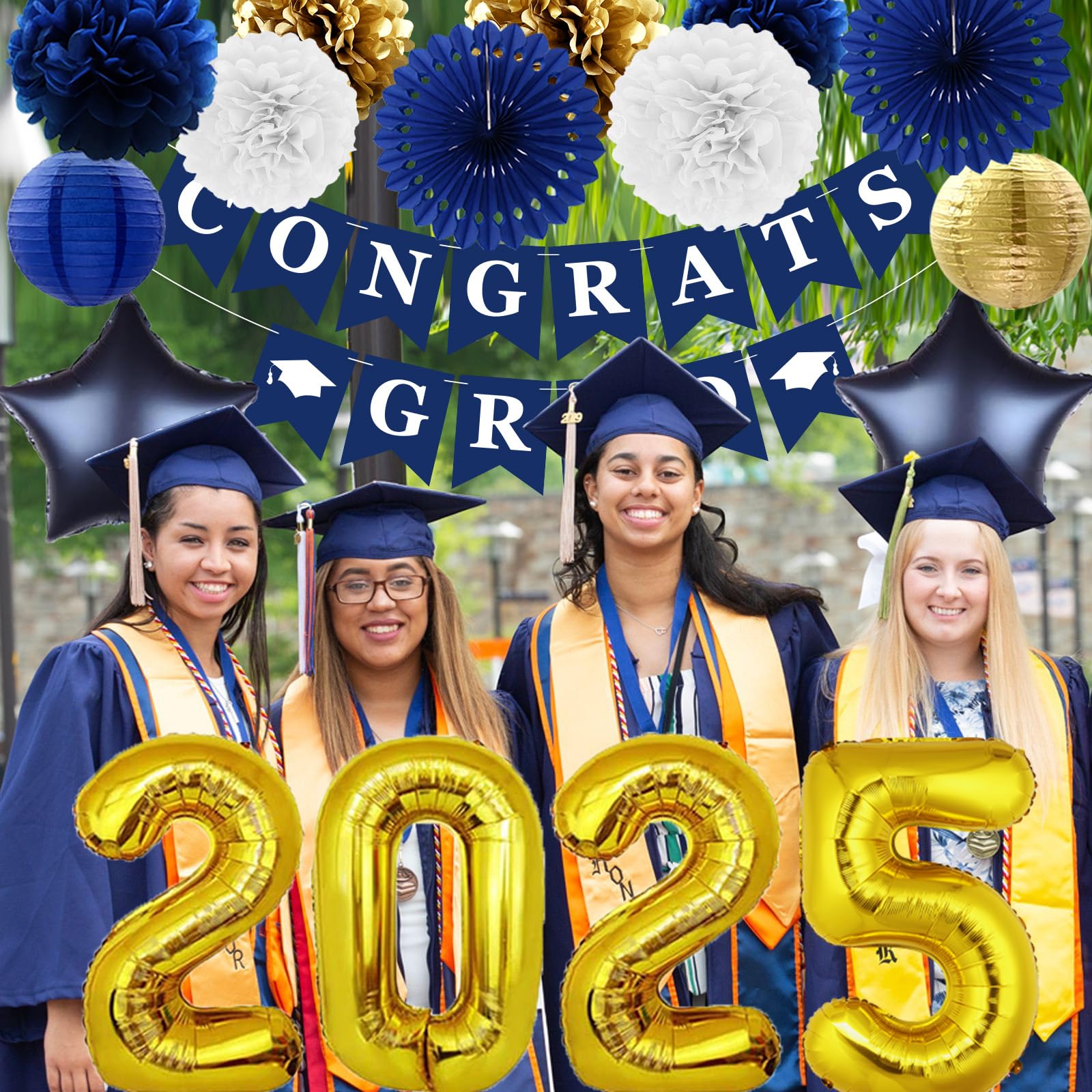 JOYMEMO Navy Blue & Gold Graduation Decorations 2025 - Congrats Grad Banner, Tissue Pom Poms, Paper Lanterns & Number 2025 Foil Balloons for Class of 2025 Party | Perfect for Graduation Ceremony Decor, College Grad Party & High School Celebration