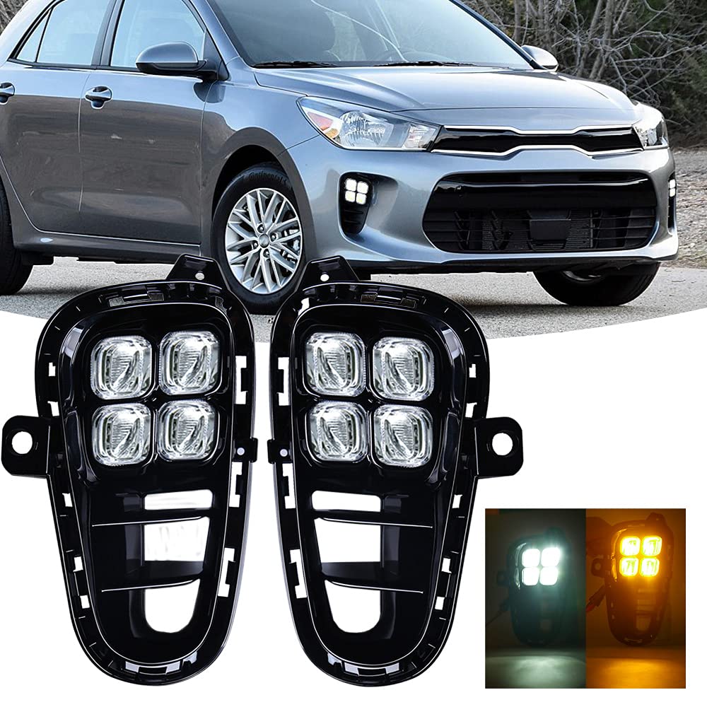 2018-2020 KIA Rio LED Daytime Running Lights & Fog Lights Kit - 4-Eye Bright White DRLs with Wiring Harness & Switch | Enhanced Visibility & Safety for Night Driving & Bad Weather