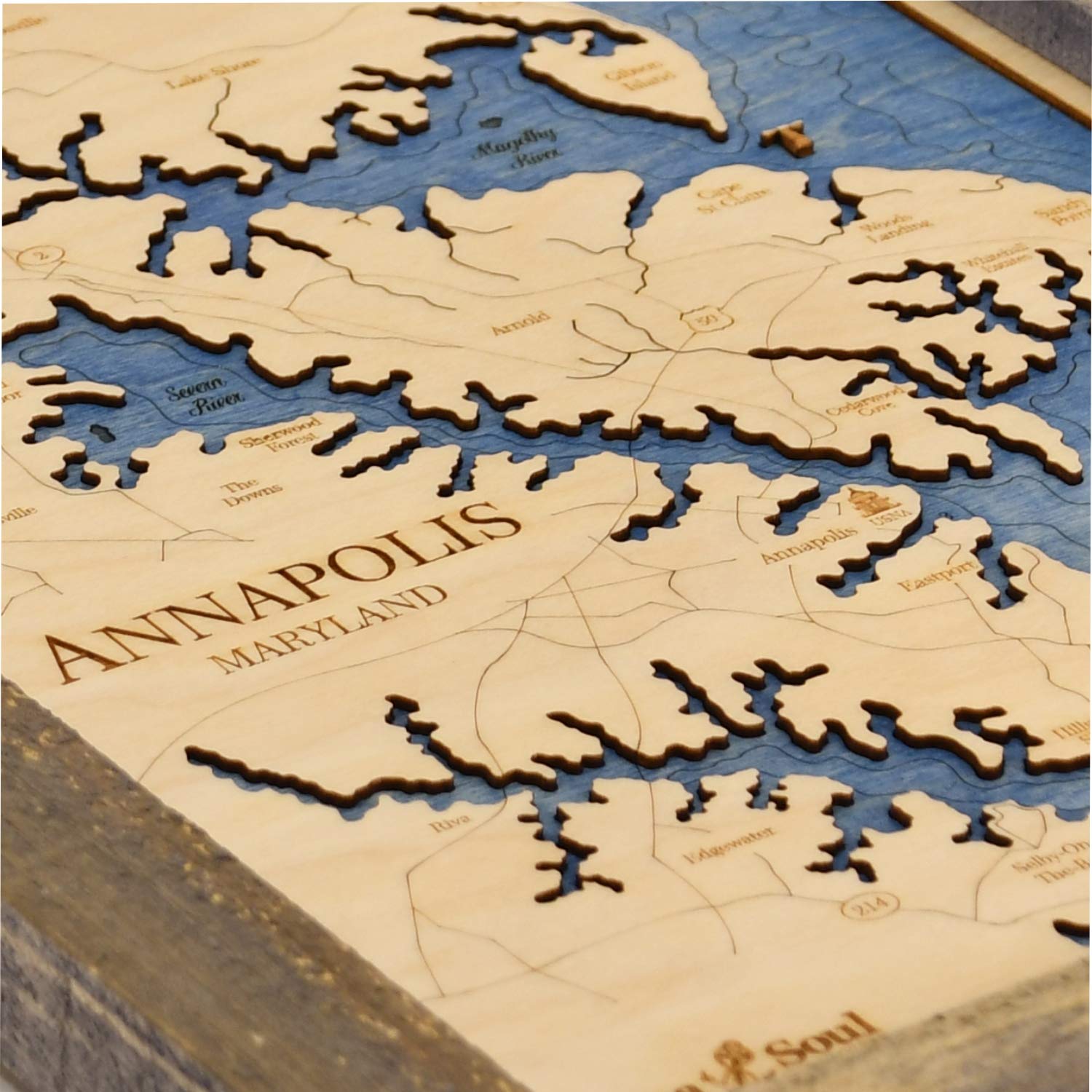 Sea & Soul Annapolis 3D Nautical Wood Map Wall Art - Handcrafted USA-Made 13”x16” Coastal Decor - Rustic Pine & Deep Blue Wooden Chart - Perfect for Beach House, Office, or Lake Cabin Decor - Unique Housewarming & Wedding Gift Idea