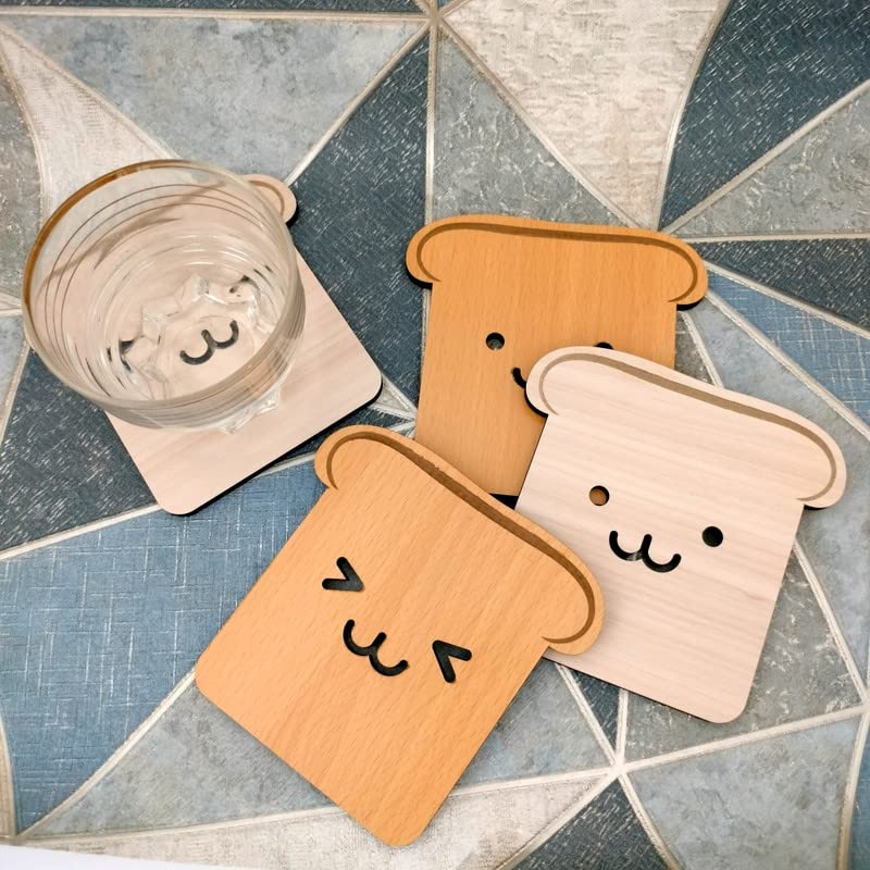 4-Piece Wooden Tea Coaster Set - Toast Bread Design - Premium MDF Wood Coasters for Hot & Cold Drinks - Perfect for Dining Table, Office Desk, Coffee Table & Home Decor - Cute Kitchen Accessories Gift Idea