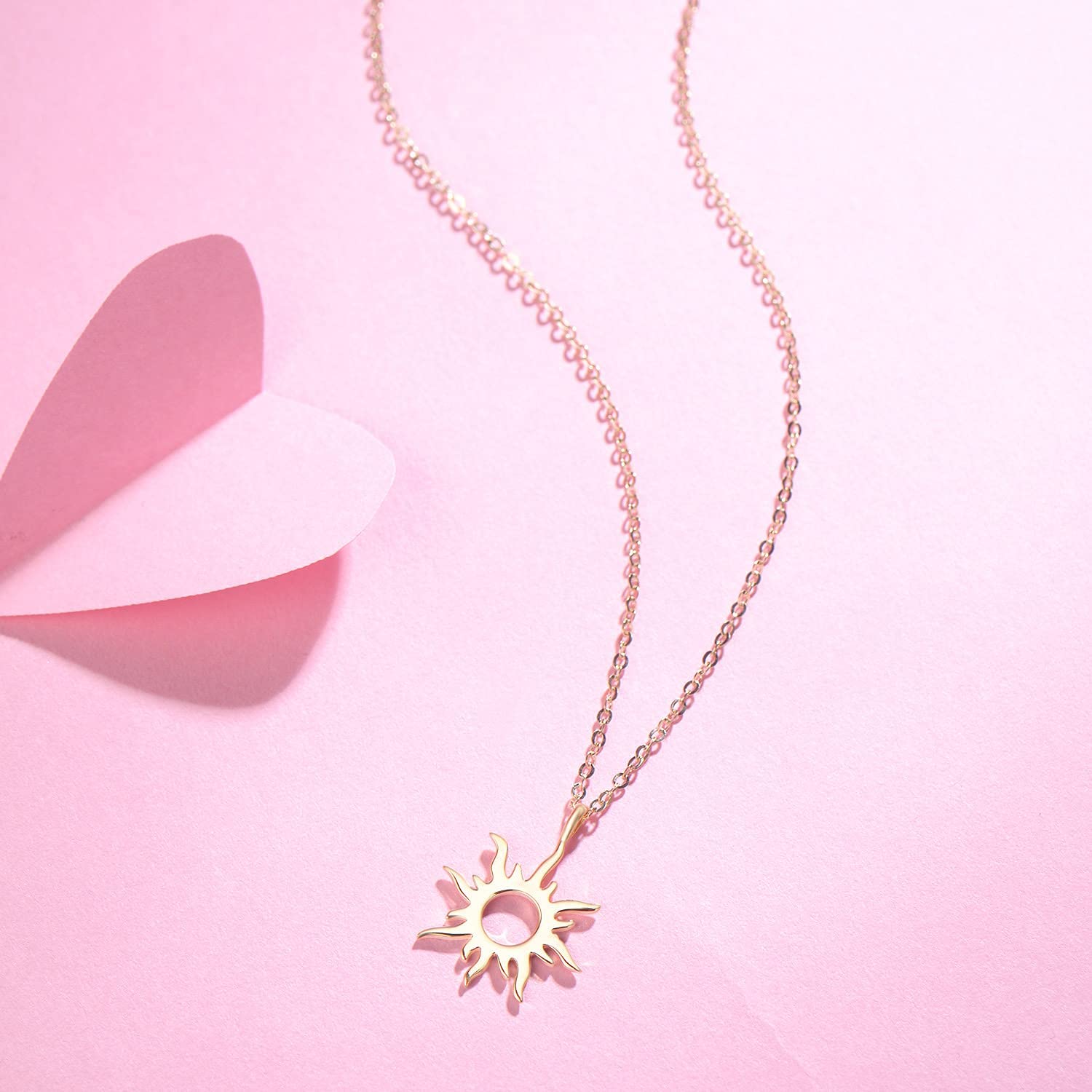 14K Solid Yellow Gold Dainty Sun Pendant Necklace - Celestial Charm Jewelry for Women, 16