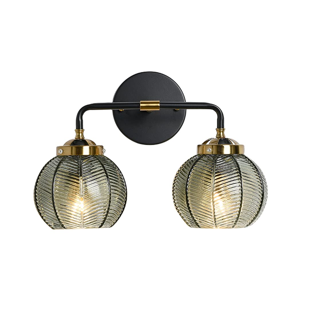 Vintage Black Mid-Century Modern Vanity Light Fixture with Green Ribbed Glass Shade - 2-Light Bathroom Wall Sconce for Mirror, Bedroom & Hallway - Art Deco Lighting for Home Decor & Vanity Areas