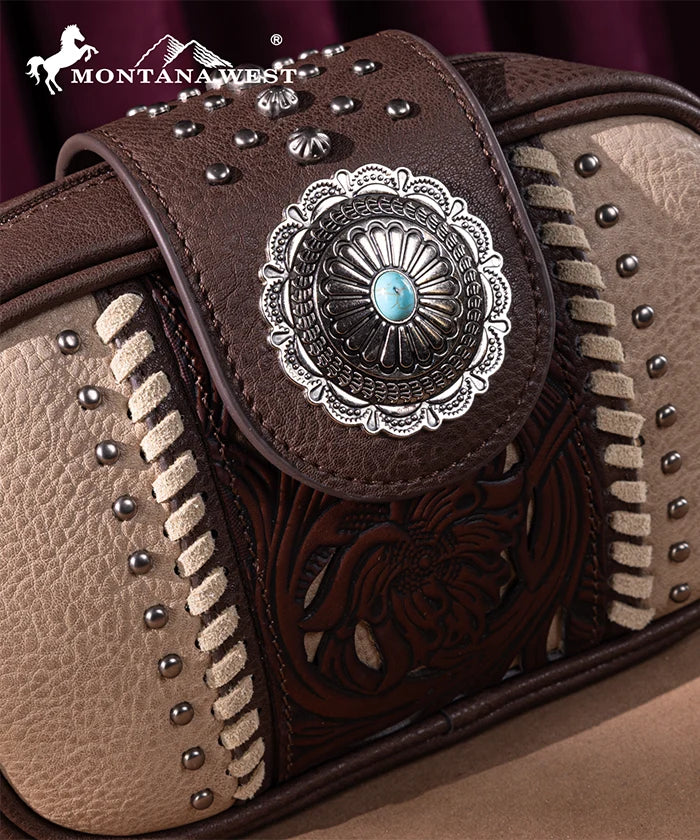 Montana West Genuine Leather Tooled Concho Crossbody Bag for Women - Stylish Western Handbag for Daily Use, Travel & Shopping