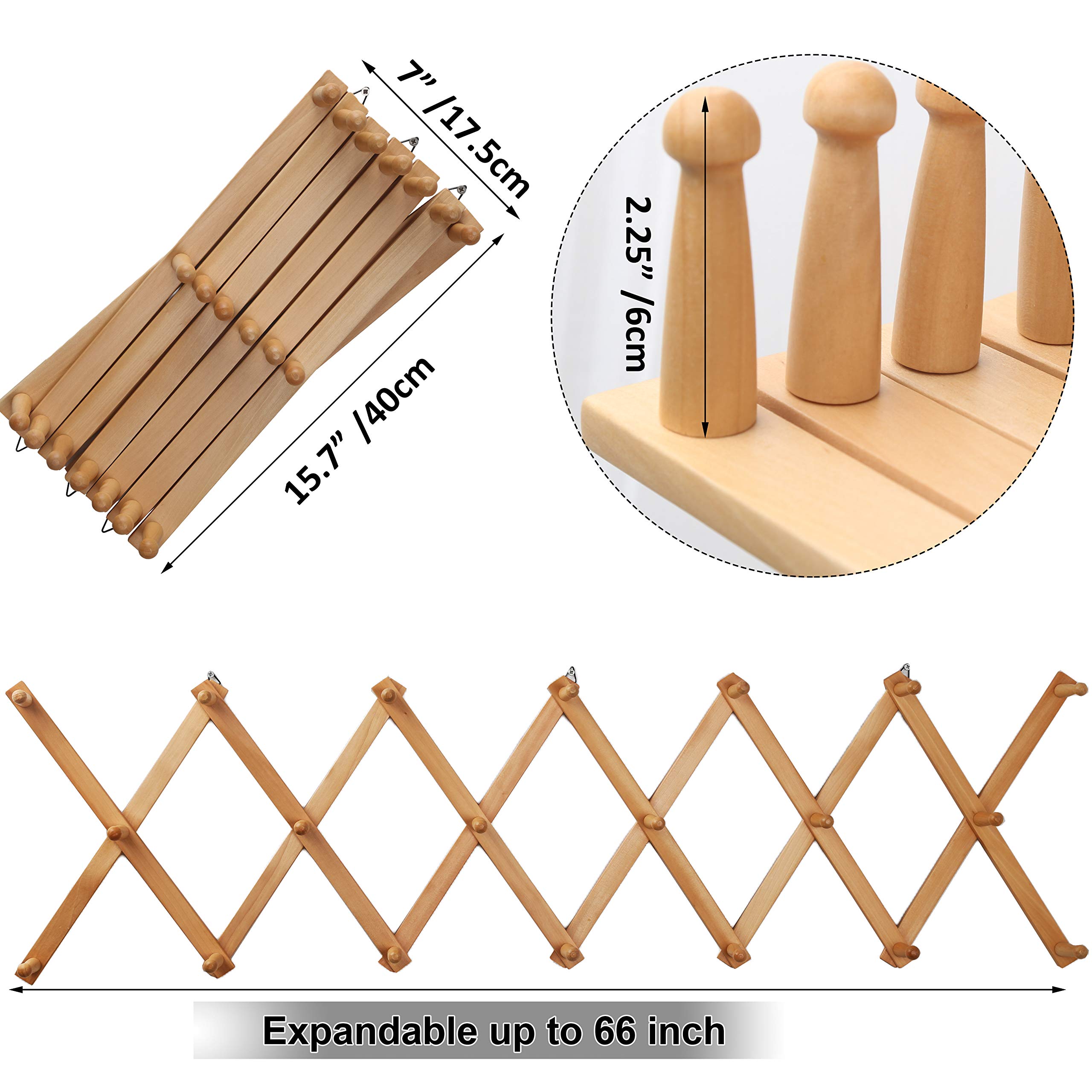 WEBI Expandable Wooden Wall Hanger - 20 Peg Coat & Hat Rack Organizer for Jackets, Caps, Scarves - Natural Finish Accordion Style Space-Saving Storage (2 Pack) - Perfect for Entryway, Bedroom, Closet & Small Space Organization