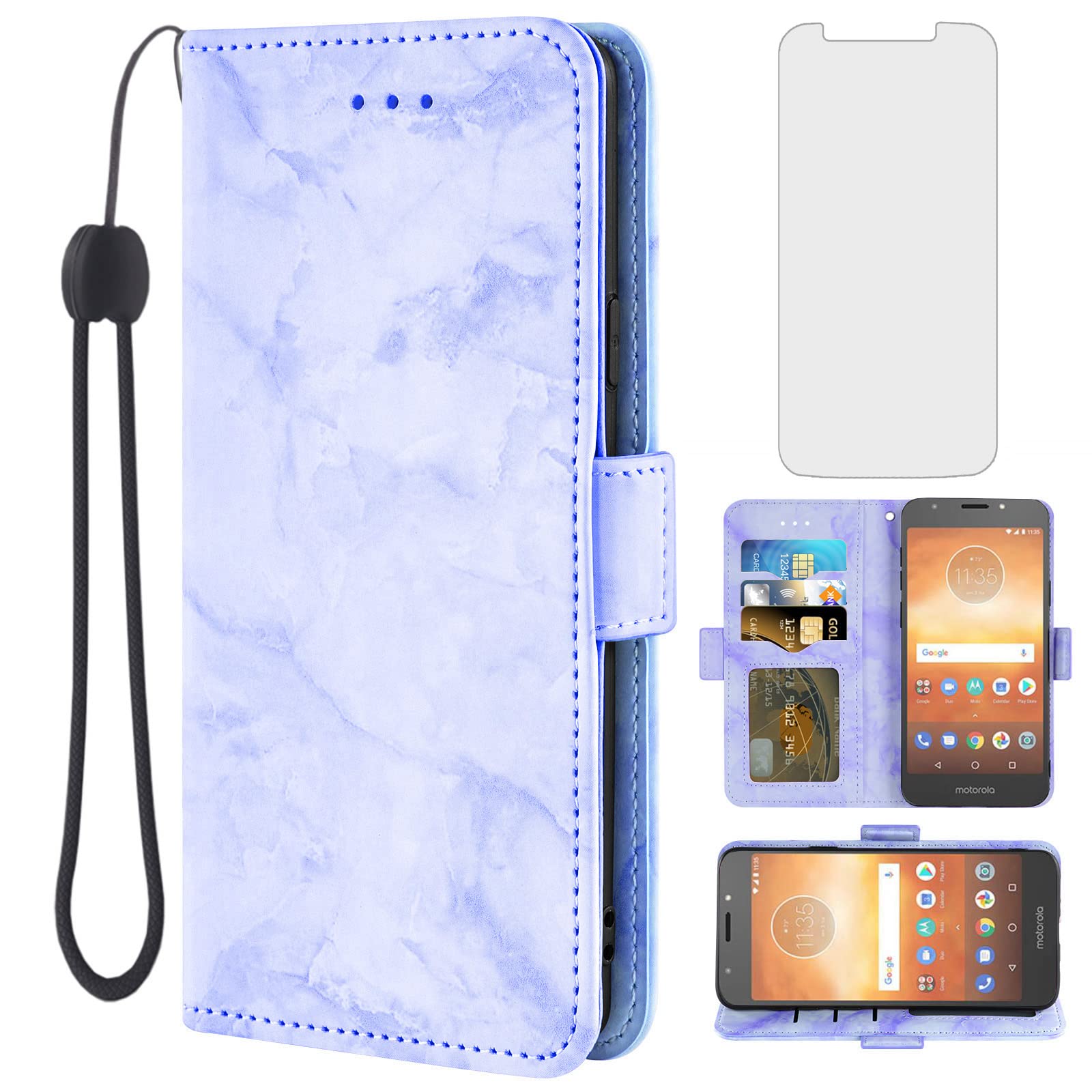 ASUWISH Marble Flip Wallet Phone Case with Card Holder & Kickstand + Tempered Glass Screen Protector for Motorola Moto E5 Play/E5 Cruise/5E/Go - Purple | Stylish Protection for Everyday Use & Travel