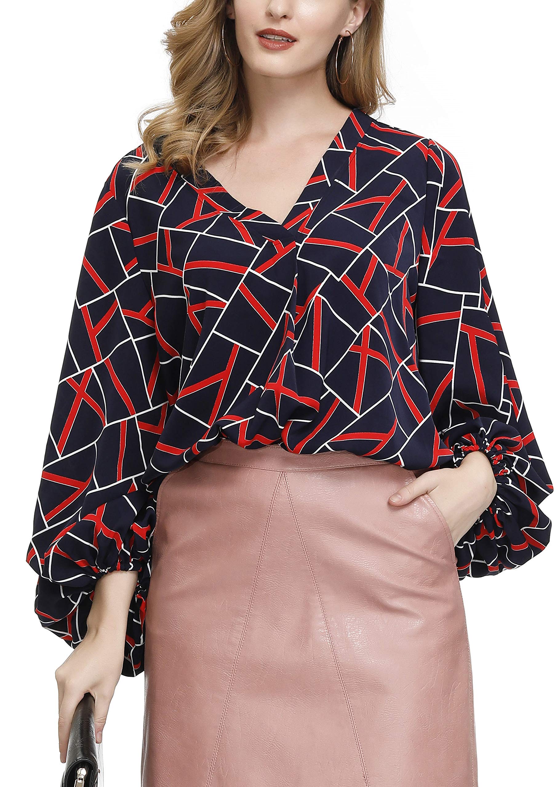 BUENOS NINOS Women's Floral V-Neck Long Sleeve Blouse - Elegant Balloon Sleeve Loose Top for Casual Wear, Office & Date Night Outfits
