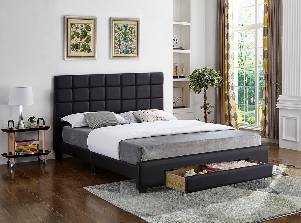 Black Leatherette Platform Bed with Square Pattern Tufted Headboard & Storage Drawers - Modern Upholstered Bed Frame for Small Spaces, Guest Rooms & Apartment Bedrooms