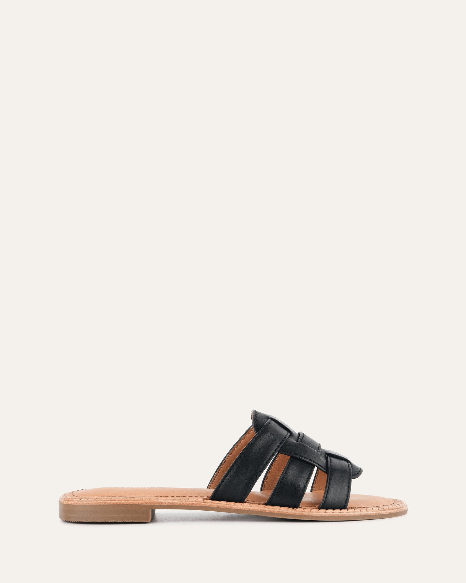 JASPER Women's Flat Sandals - Black Genuine Leather Comfortable Slip-On Sandals for Walking, Travel & Beach