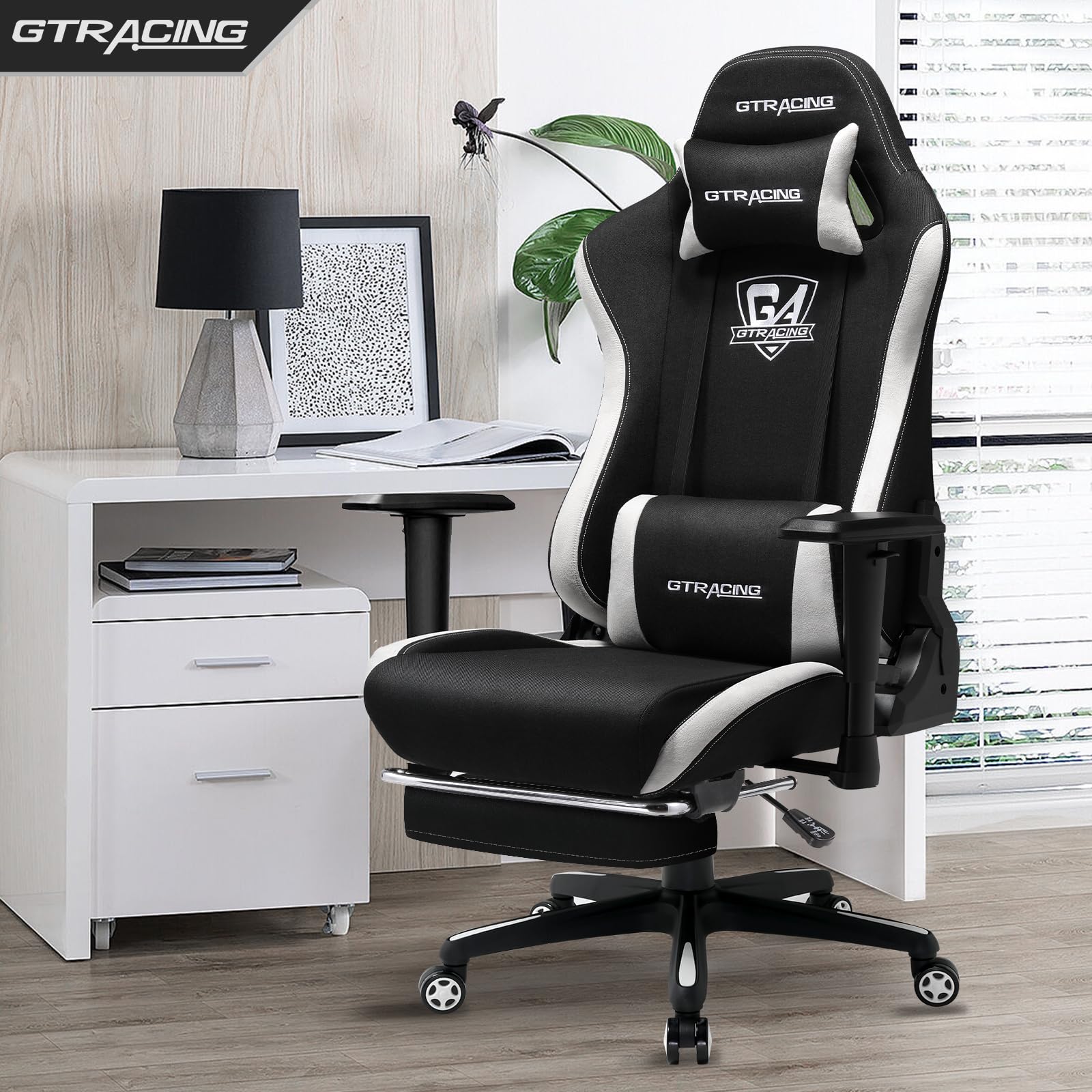 GTRACING Ergonomic Gaming Chair with Footrest - Breathable Fabric Big & Tall Computer Chair, 350 lbs Weight Capacity, Adjustable Lumbar Support & Recliner - High Back Office Gaming Chair for PC & Console Gamers (Black) - Perfect for Long Gaming Sessions, Esports & Home Office Work