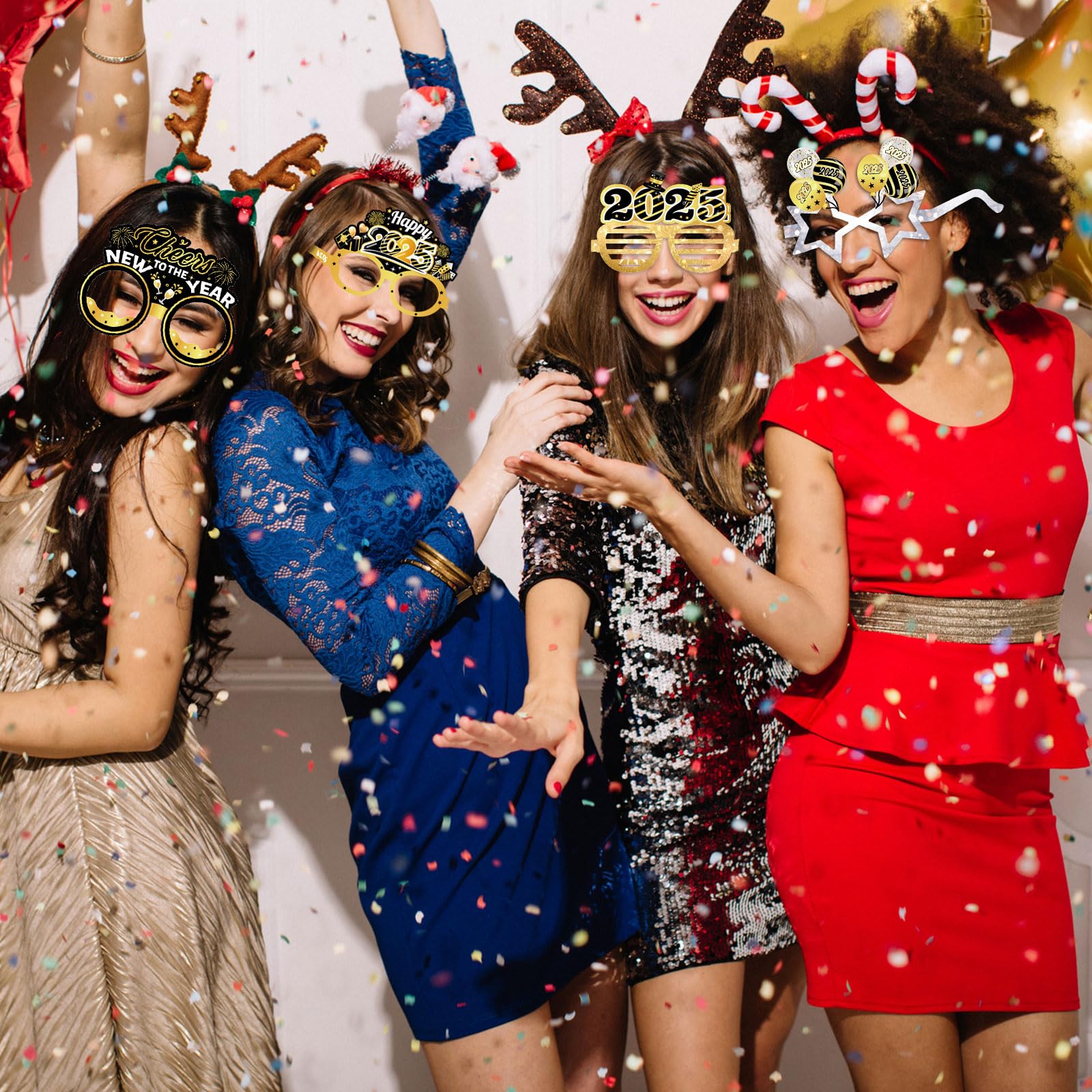 2025 New Year's Eve Party Supplies Kit - 45pcs Black Gold Silver Happy New Year Glasses, Headbands & Noisemakers for NYE Decorations | Perfect for Countdown Parties, Ball Drop Celebrations & New Year's Eve Festivities