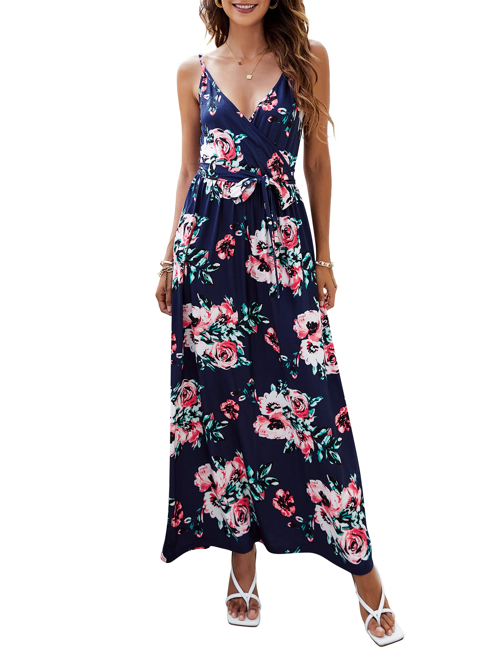 Women's Floral Hawaiian Maxi Dress with V-Neck & Adjustable Straps - Perfect for Beach Vacations, Summer Parties & Casual Outings