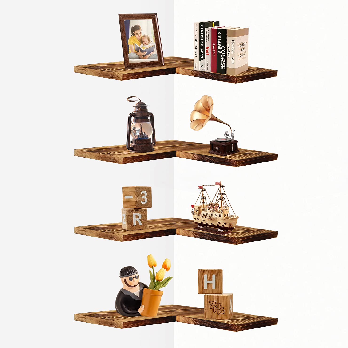 Set of 4 Floating Corner Shelves - Rustic Wood Wall Mounted Space Saving Shelf Organizer for Home, Office, Bathroom, Bedroom & Kitchen - Easy to Install Storage Solution for Small Spaces & Home Decor