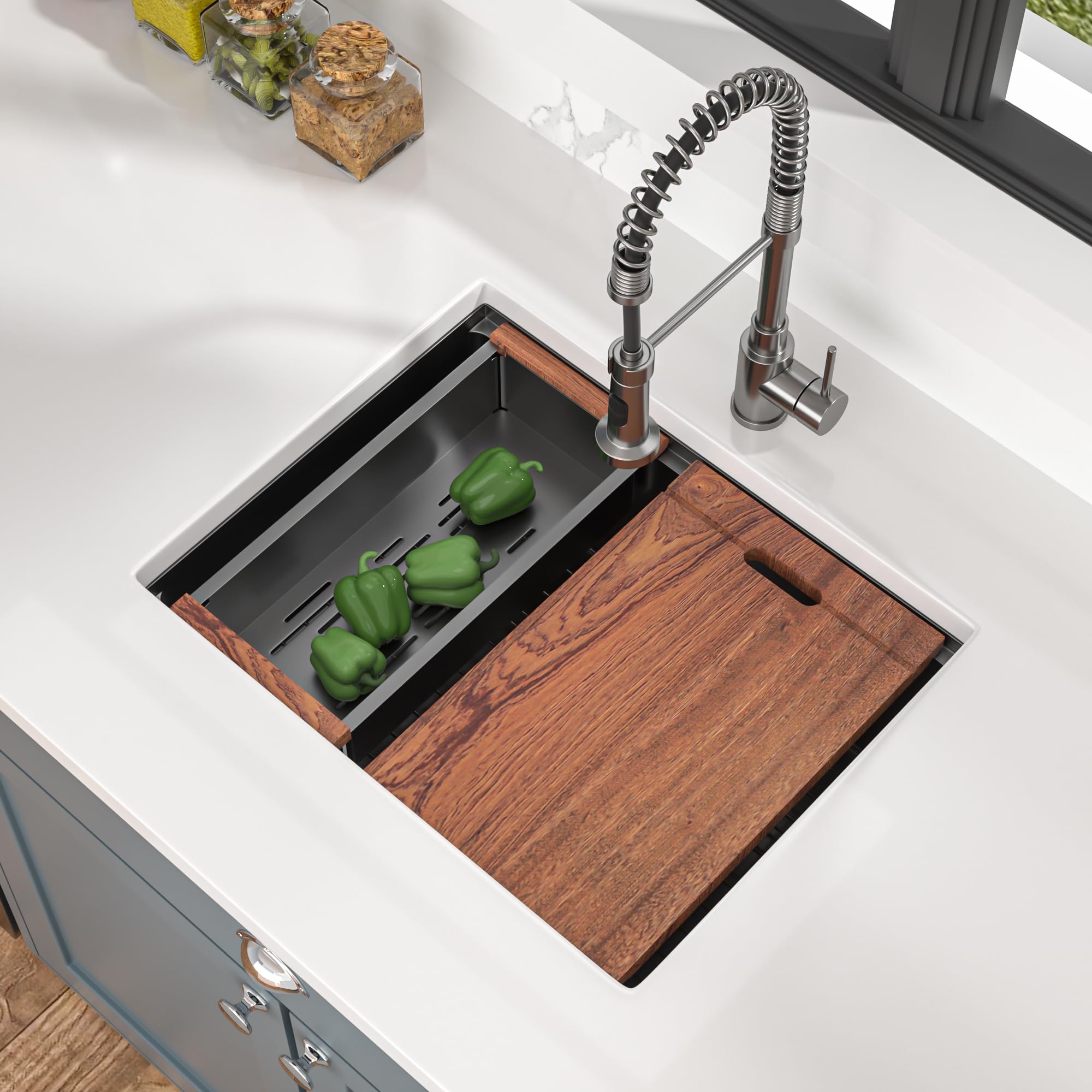 Mocoloo 23x19 Inch Undermount Stainless Steel Single Bowl Kitchen Sink - Black Bar Prep Workstation with Handmade Design for Small Kitchens | Perfect for Food Prep, Dishwashing & Entertaining