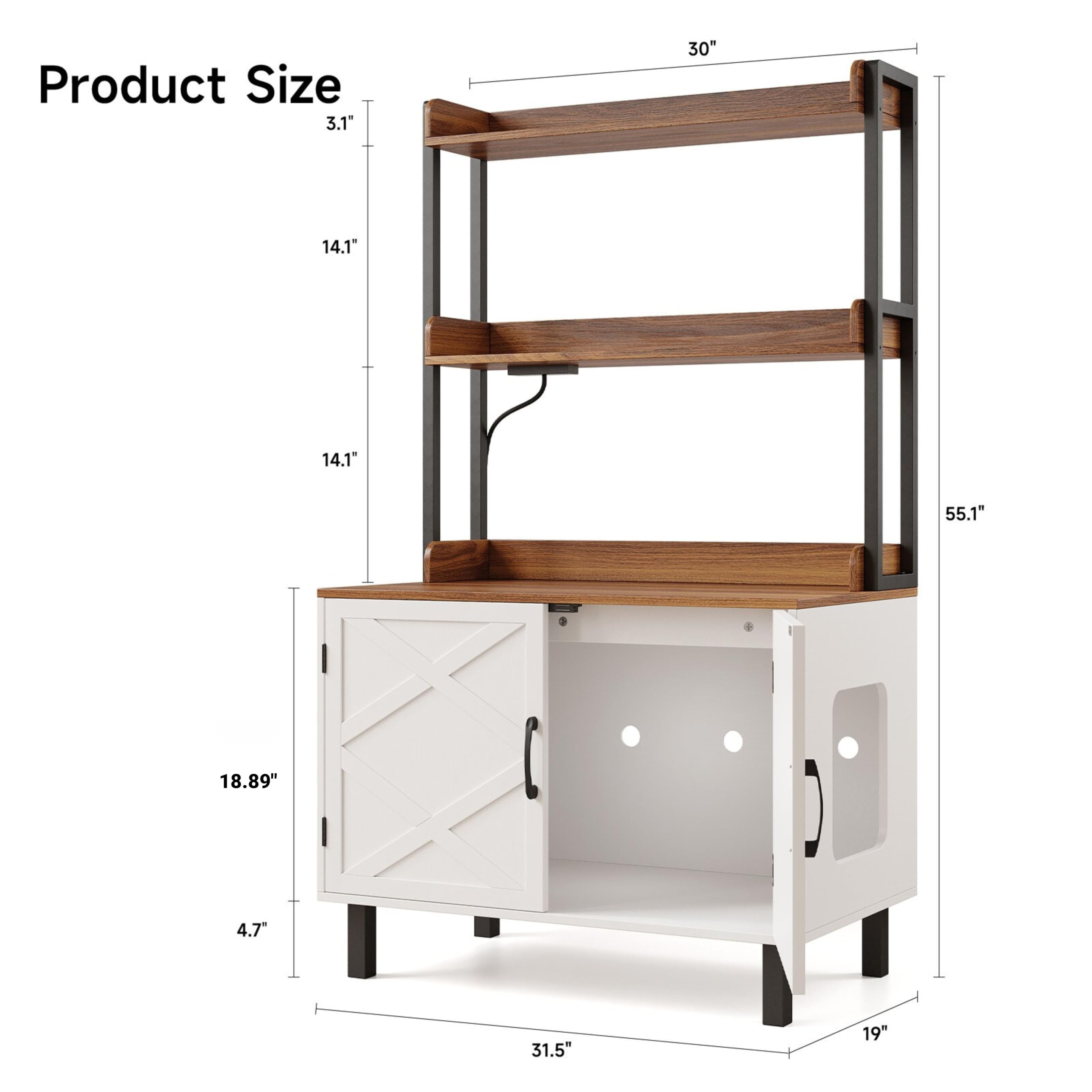55 Inch Hidden Cat Litter Box Enclosure Furniture - Wooden Cat House with 2 Storage Shelves & USB Charging Ports - Large Indoor Cabinet for Living Room, Bedroom & Entryway - Perfect for Small Spaces & Modern Home Decor (White)