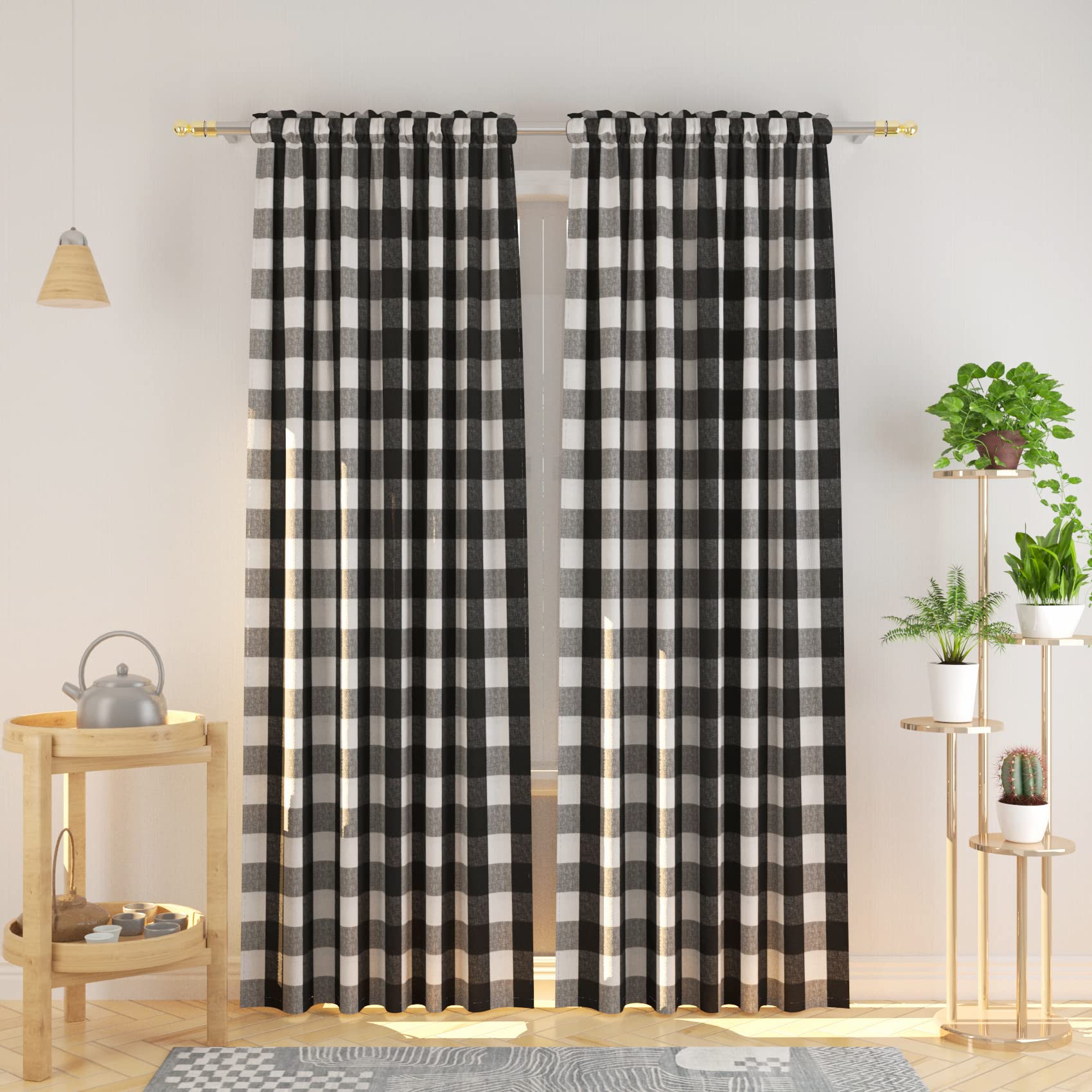 Black and White Buffalo Gingham Check Cotton Curtains - 95 Inch Long Rod Pocket Window Panels (Set of 2) for Living Room, Bedroom & Kitchen - Farmhouse Style Plaid Checker Drapes for Rustic Home Decor